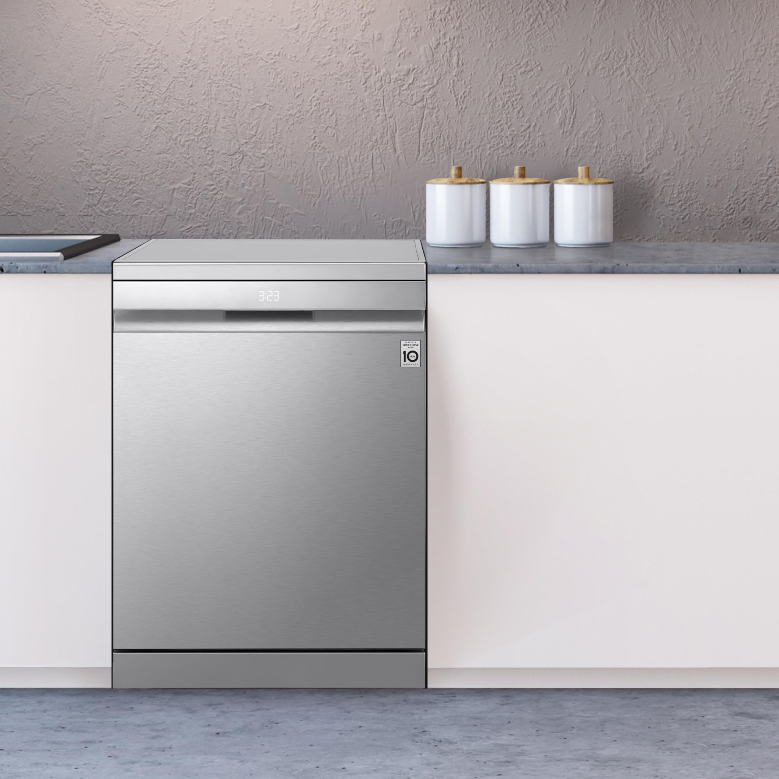 LG DF375HVS Lavastoviglie Libera Installazione Classe A, 14 Coperti, Lavaggio a Vapore TrueSteam, LED Esterno, Sistema QuadWash con 4 Bracci Irroratori, Serie 5, Auto-Apertura, 43dB, Wi-Fi, Grigia