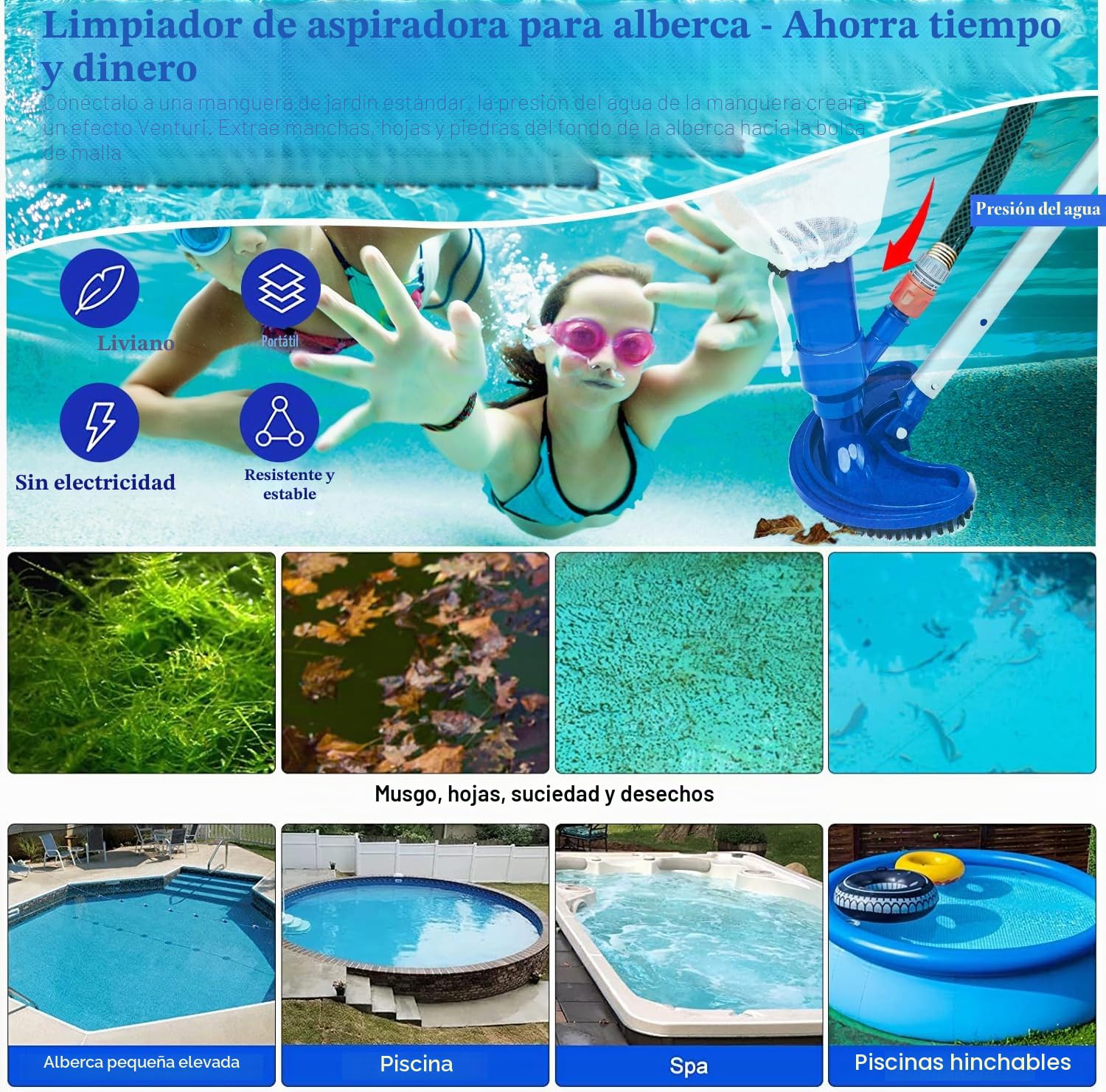 Aspirador para Piscinas Herramientas de Limpieza, Cabezales de Aspiración con 1.5M Mástil Telescópico Desmontable Kit de Aluminio para Bañera de Hidromasaje, Fuente, Cuario, SPA, Estanque