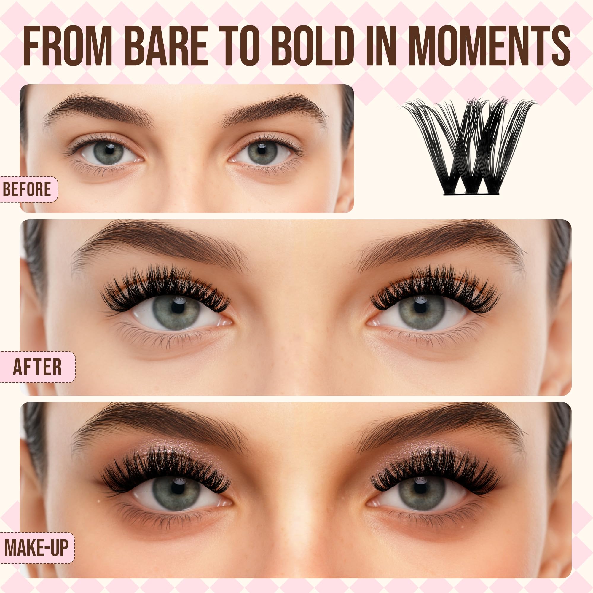 LASHVIEW Cluster Lashes 144Pcs D Curl Lash Clusters Natural Fluffy and Wispy Lashes Individual Cluster Super Thin Band Individual Eyelashes Soft and Comfortable for All Day (B24) - Image 2