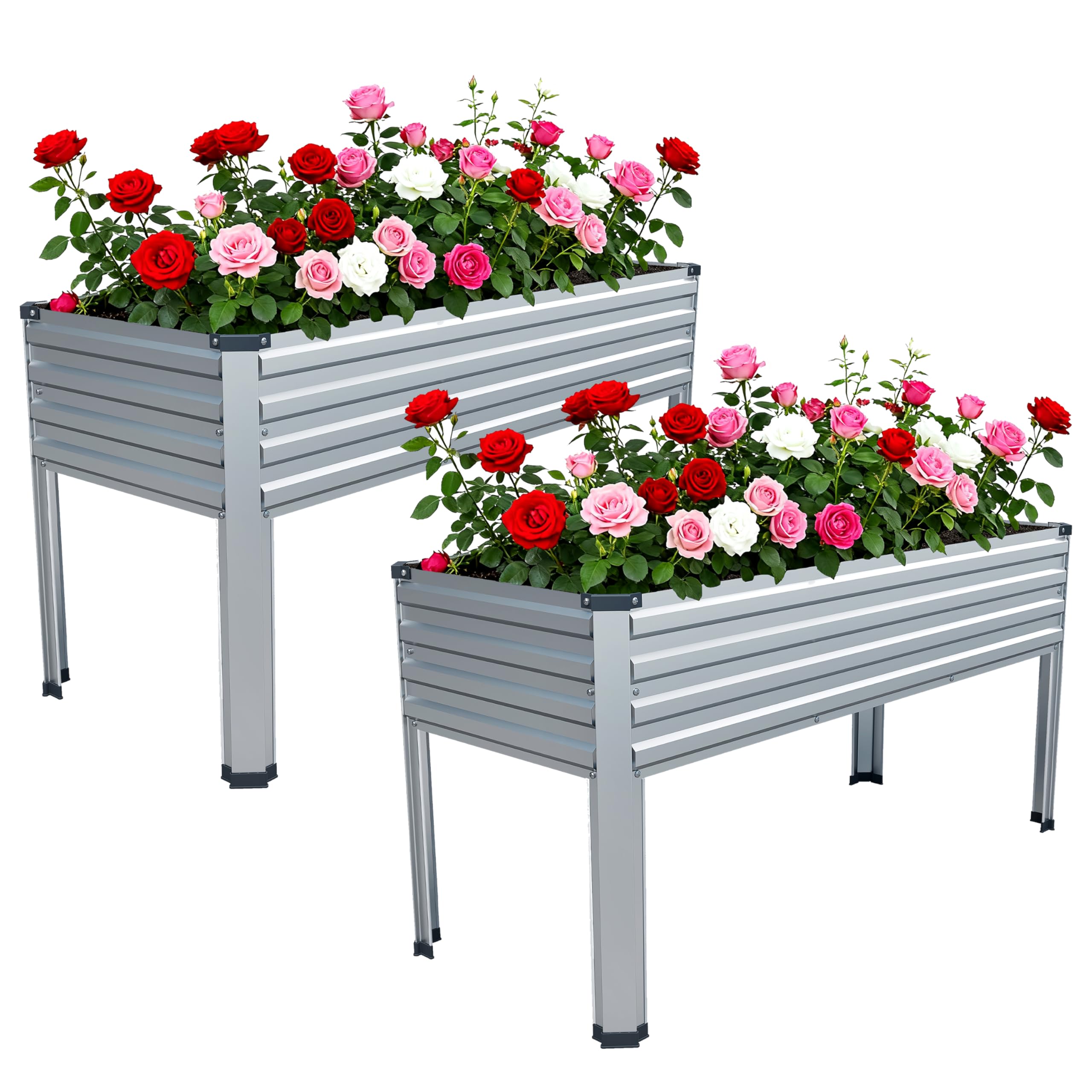 MGNO Galvanized Raised Garden Bed Outdoor with Legs,2PCS 48×18×32in Metal Elevated Raised Planter Box for Backyard, Patio, Balcony, 300lb Capacity,Silver