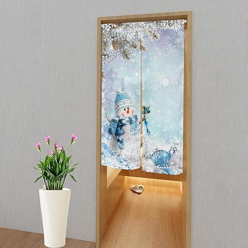 Miniatura 3 de Cortina japonesa Noren de muñeco de nieve de invierno para puerta, tapiz de cortina japonesa azul y blanco copo de nieve de invierno, árbol de