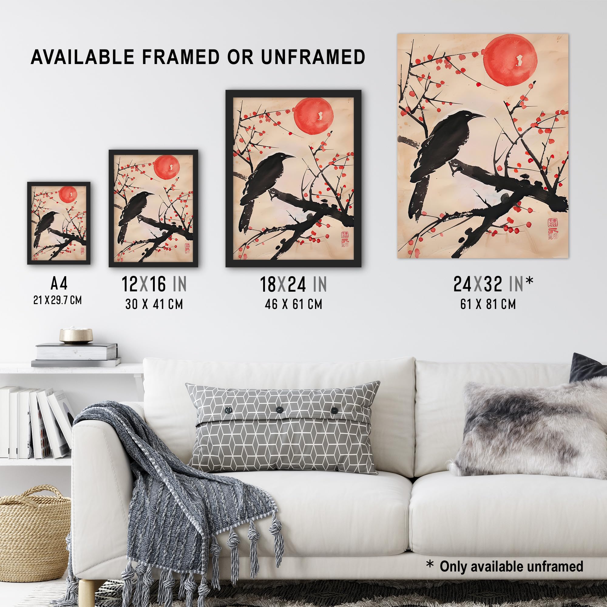 Artery8 Raven on Berry Tree Winter Sun Japanese Painting Living Room Extra Large XL Wall Art Poster Print - Image 3