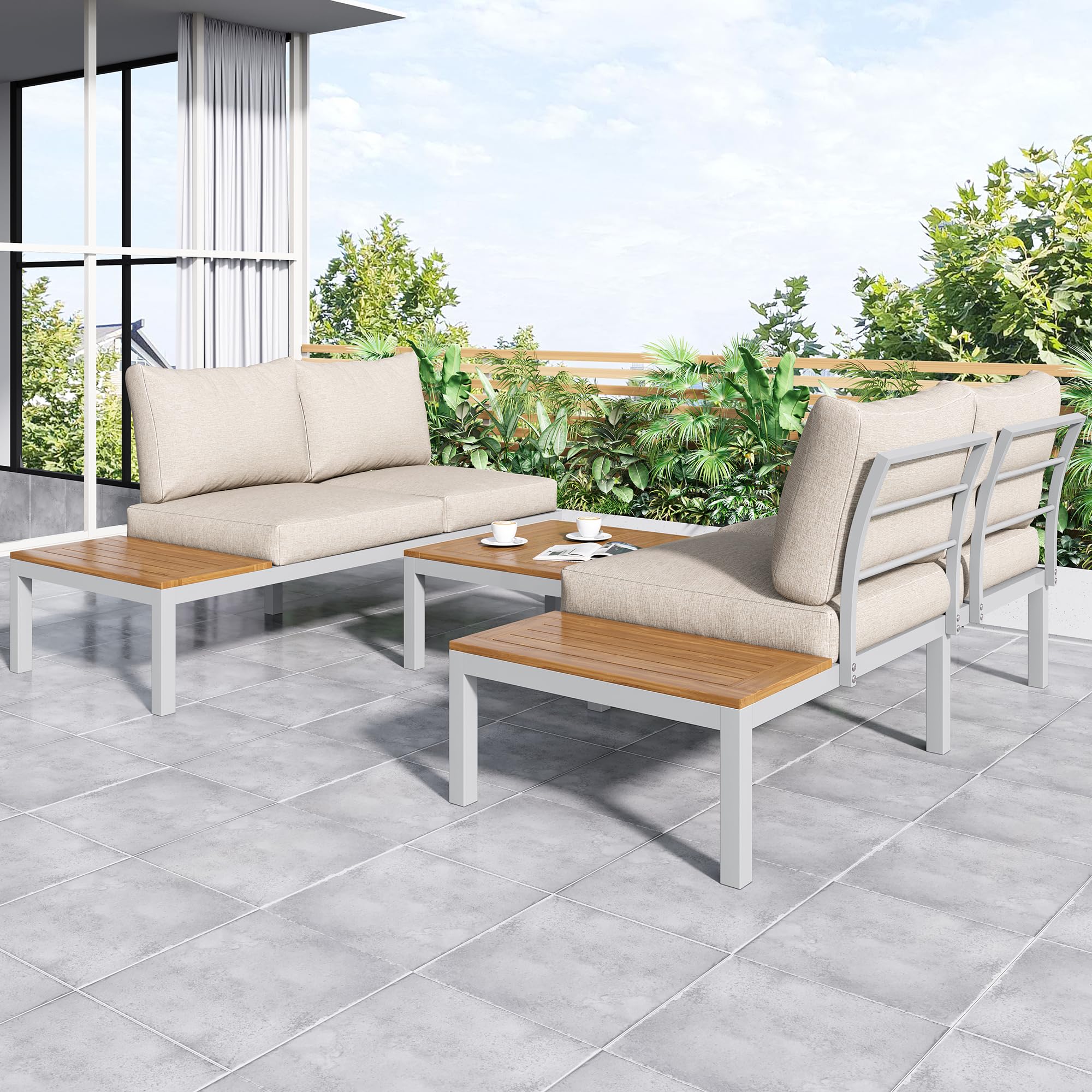 Set da giardino resistente alle intemperie con telaio in acciaio zincato (2 divani a 2 posti, 2 tavolini e 1 tavolino), piano in legno di acacia, il rivestimento in tessuto può coprire