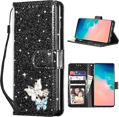 UEEBAI Funda tipo cartera para Samsung Galaxy S10 Plus, de piel sintética con purpurina de alta calidad, ranuras para tarjetas, funda con función