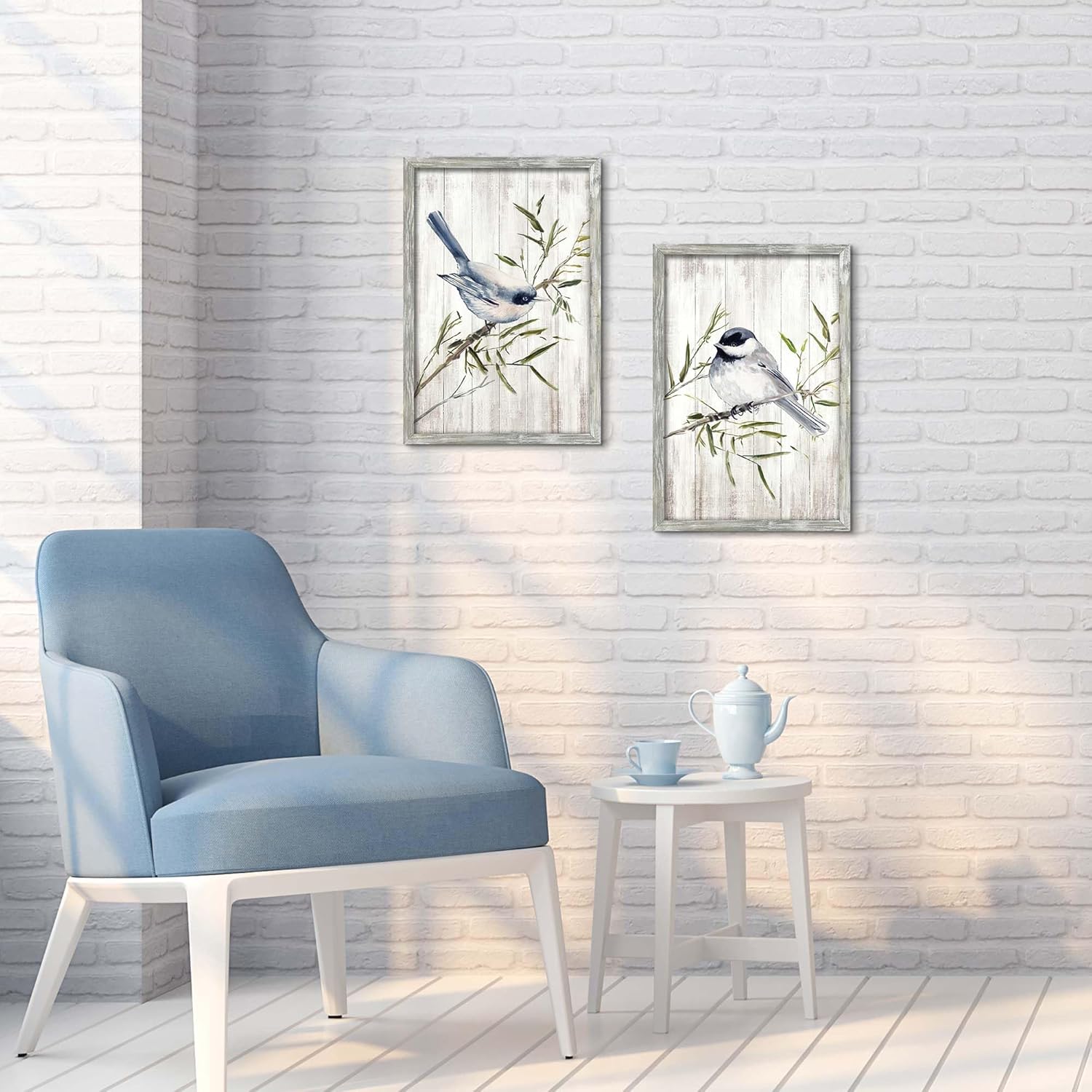 Farmhouse bird Framed Wall Art - Set of 2 Blue & Gray Songbird Painting Prints on Bamboo Branches Rustic Nature Pictures Decor Artwork for Bedroom Living Room