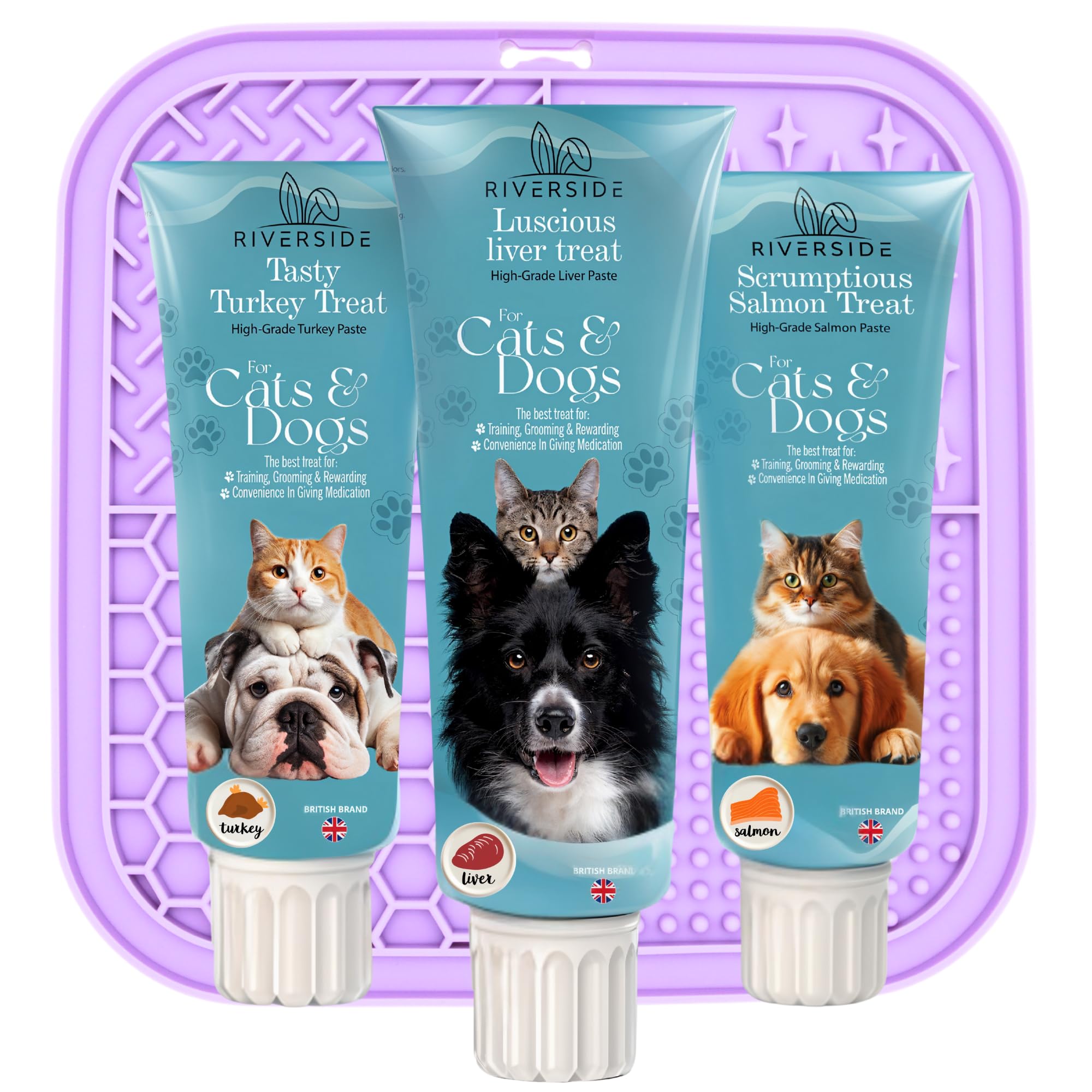 Liver Paste for Dogs & Cats - 3x90g With Lickmat - Grain & Gluten Free Dog Pate 1 Turkey, 1 Salmon, 1 Liver - Training Aid, Treat For Licky Mats (Oil Separation Is Natural)