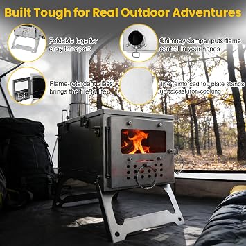 Stainless Steel Portable Folding Wood Burning Stove Ultralight Camping Stove Portable Wood Burning Stove for Tent, 16.6 IN Outdoor Wood Stove with 8.2ft Foldable Chimney