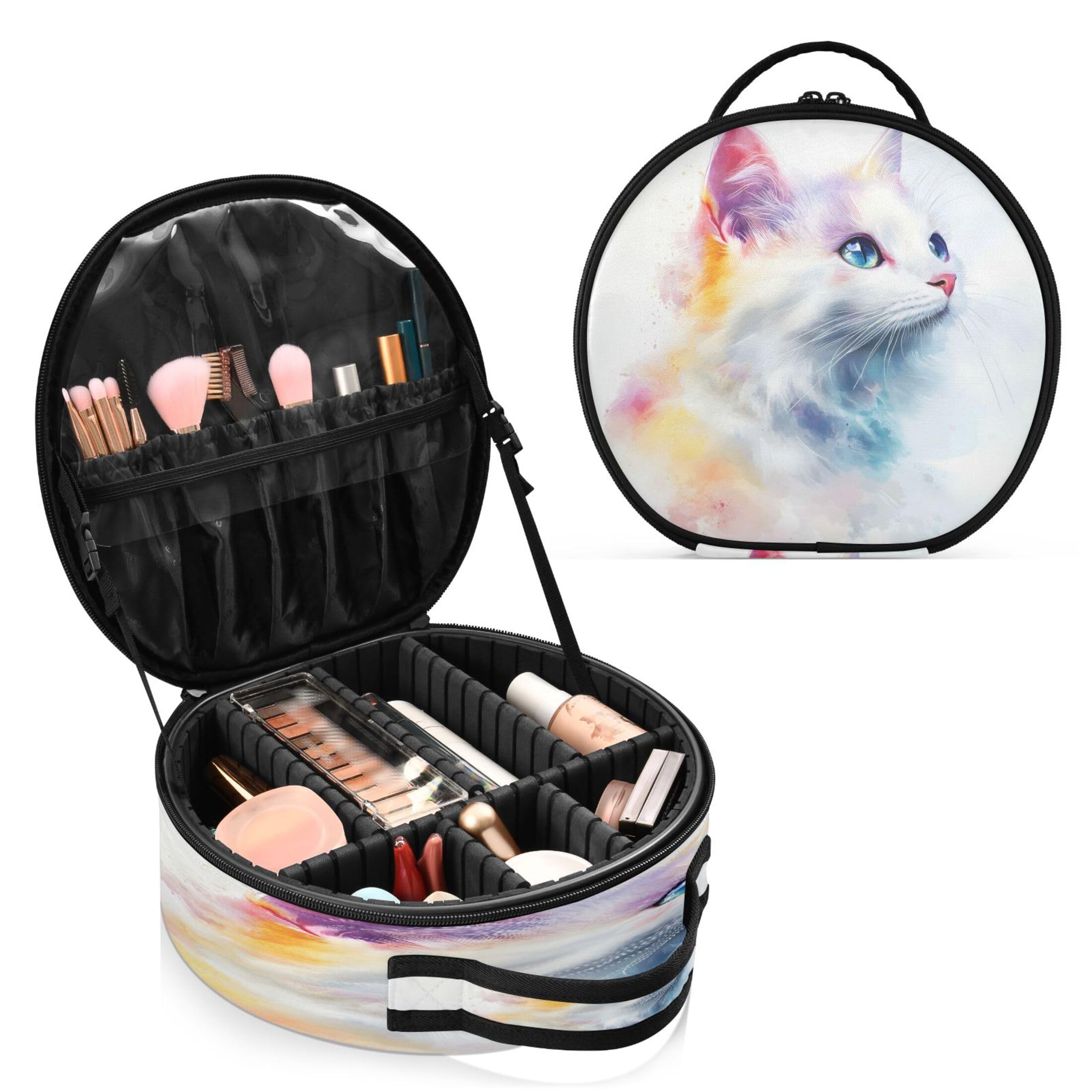 Takiito Watercolor Cat Travel Makeup Case Portable Makeup Box Artist Cosmetic Case Organizer With Adjustable Dividers