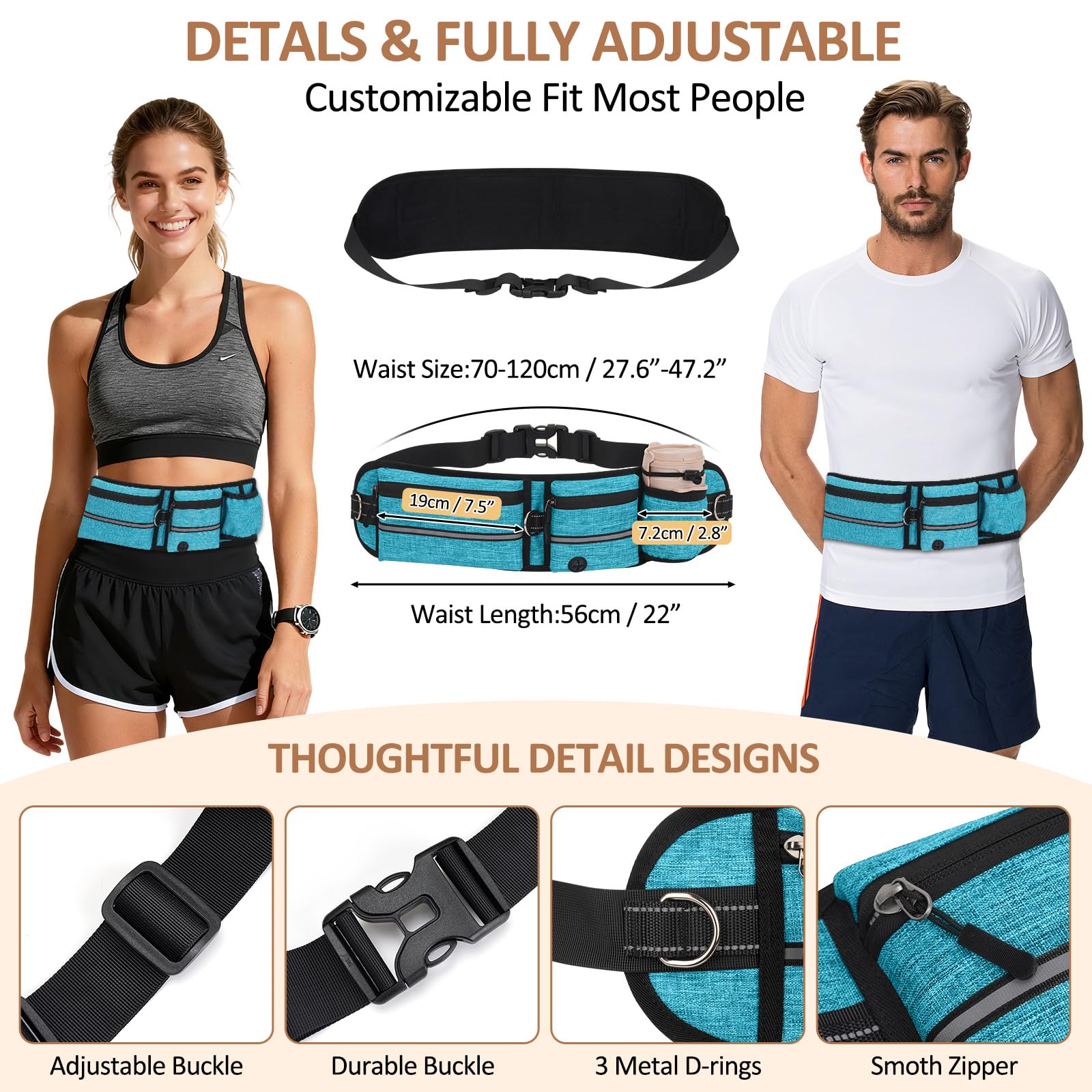Laisse Main Libre Chien avec Ceinture Réglable et Sac Banane, Laisse Canicross Anti Traction, Longe Élastique Amovible 150-220cm, Bande Réfléchissante pour Courir et Marcher, Bleu