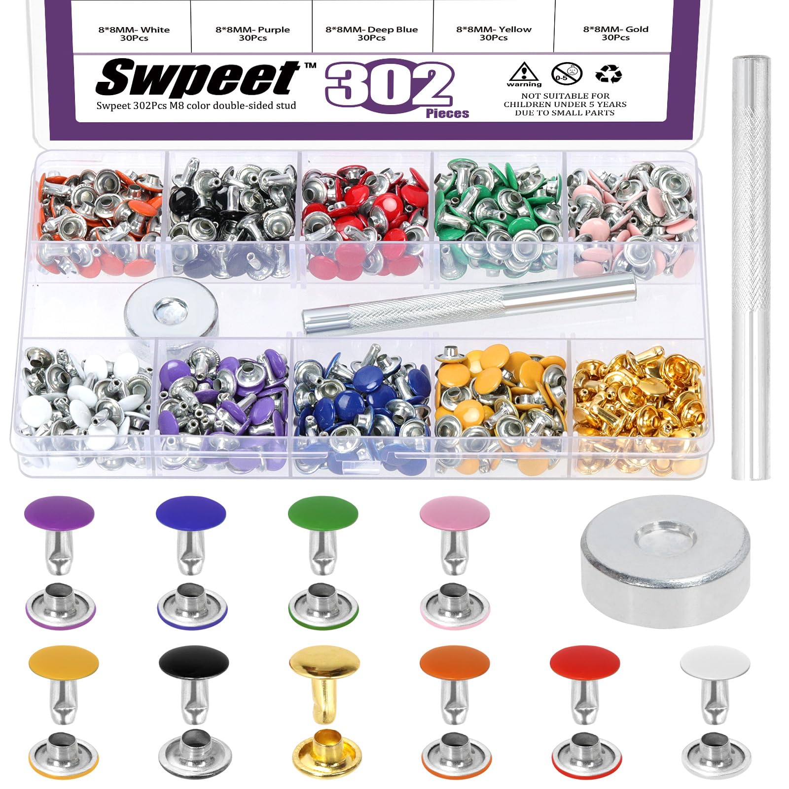 Swpeet 300 Sets 10 Colors 8mm Leather Rivets with Setting Tools Hole Punch Assortment Kit, Double Cap Rivets, Tubular Metal Studs, Leather Studs for Shoes Bags Belts Leather Craft Repairs Decoration