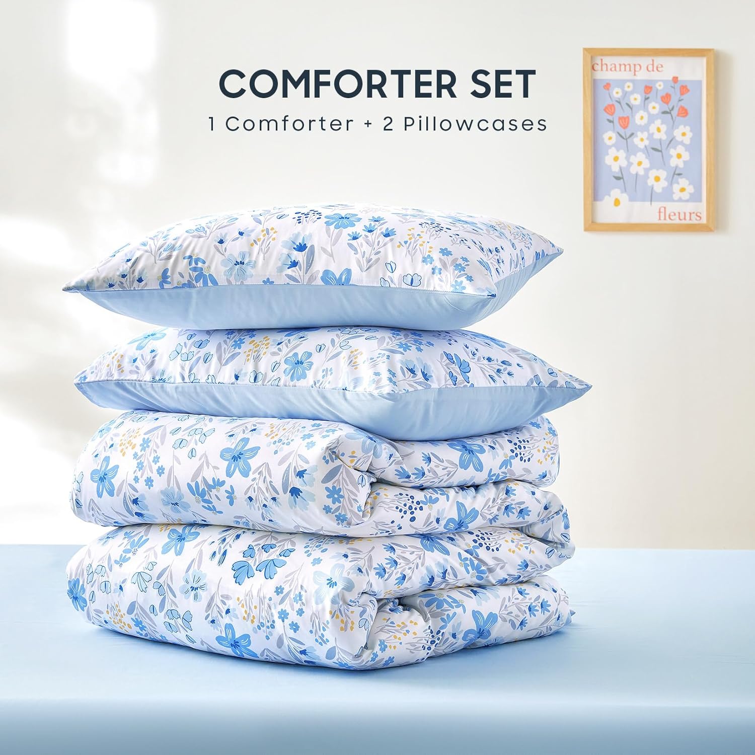Wake In Cloud - Floral Comforter Set, Botanical Flower Cottagecore Shabby Chic Aesthetic for Women Teen Girls, Soft Lightweight Dorm Bedding, 3 Pieces, Blue White, Twin/Twin XL Size