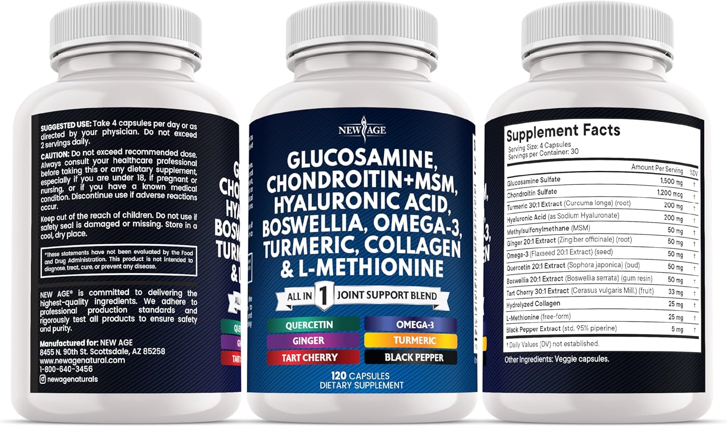 Glucosamine Chondroitin, MSM, Turmeric Curcumin, Collagen, Hyaluronic Acid, Omega 3 – Joint Health Supplement for Men & Women – 120 Count