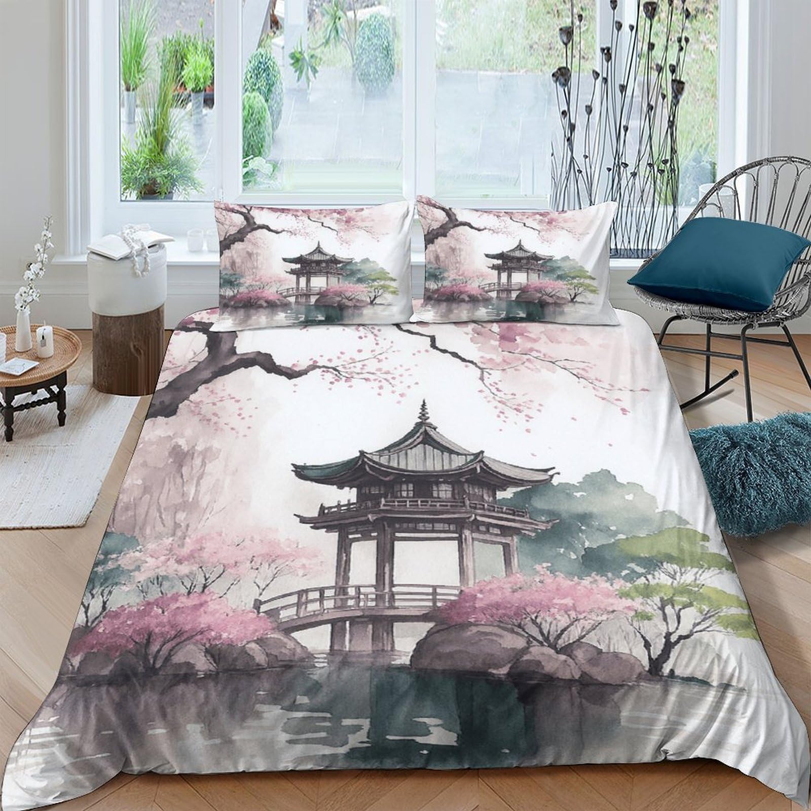 Ctjqhvkz Style-9 3D Printed Japanese Pagoda Fitted Sheet Microfiber Pink Sakura Landscape Bed Cover Slip-Resistant For Bedroom Guest Room Decor Single（135X200cm）