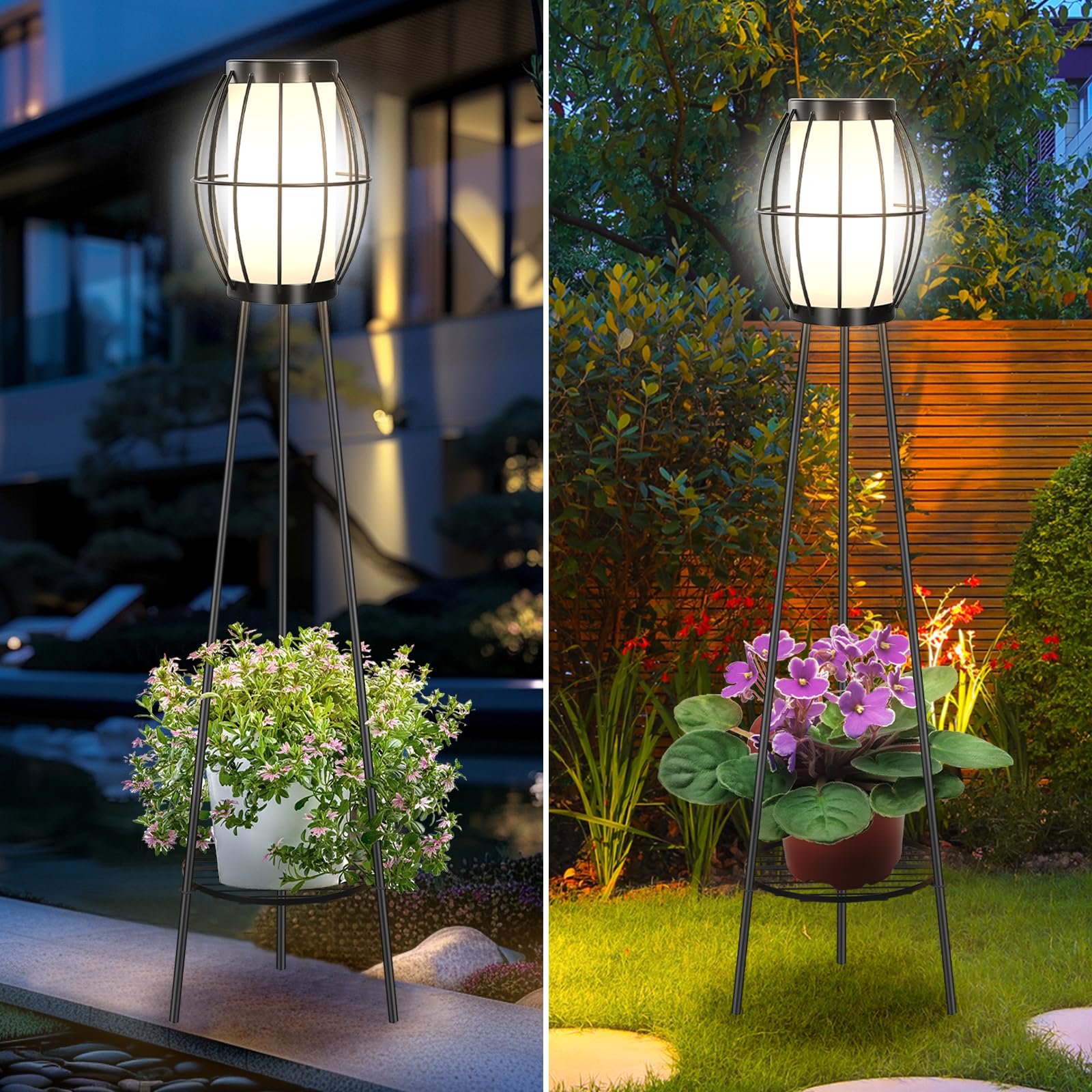 Lámparas solares de pie, paquete de 2 luces solares con soporte para plantas, luces solares impermeables para exteriores, estante de flores para patio, porche, terraza, patio, decoración de