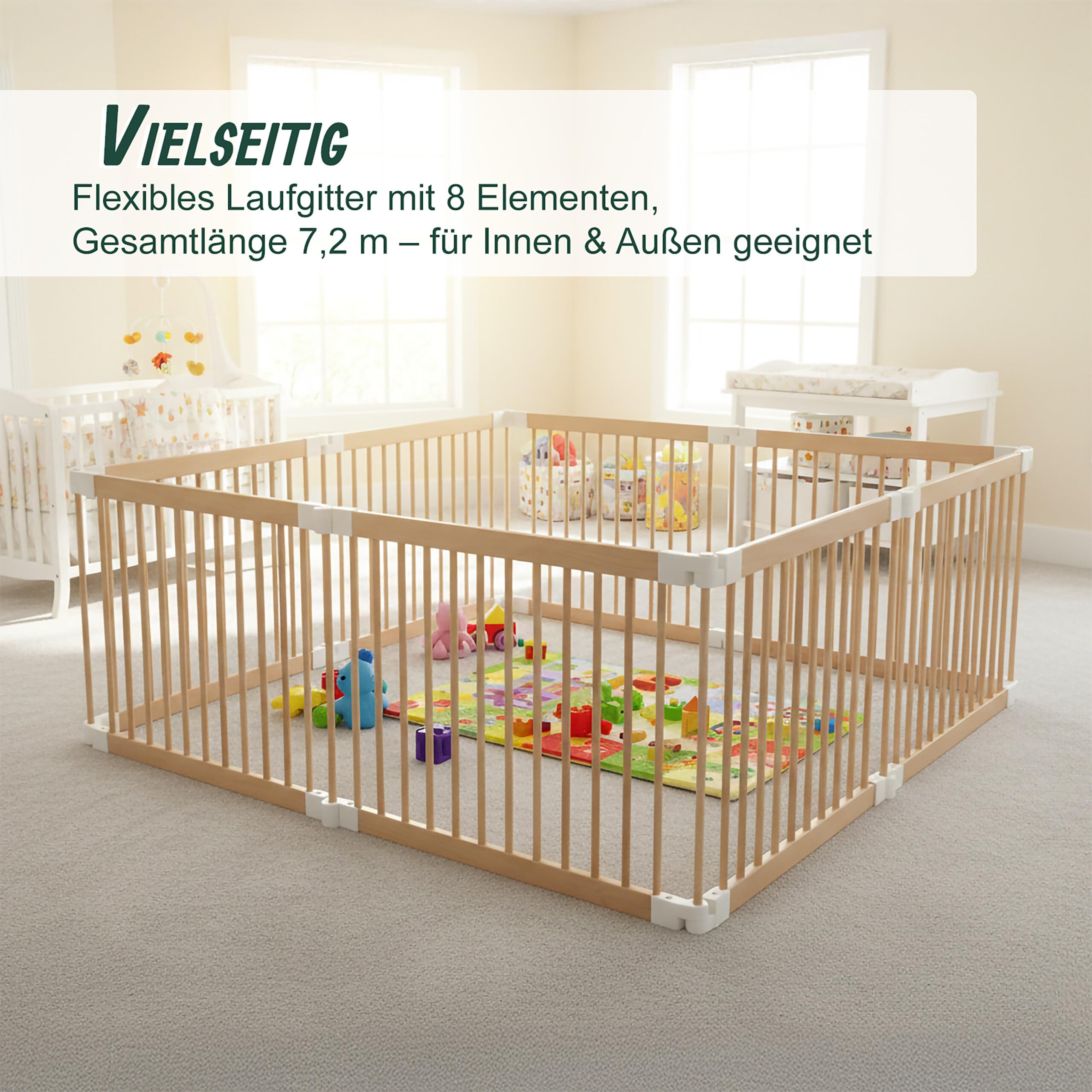 Relaxdays Laufstall Baby, Flexibles Laufgitter mit Tür, 8 Panel HxB: 61 x 84,5 cm, sichere Spielecke, Kiefernholz, Natur