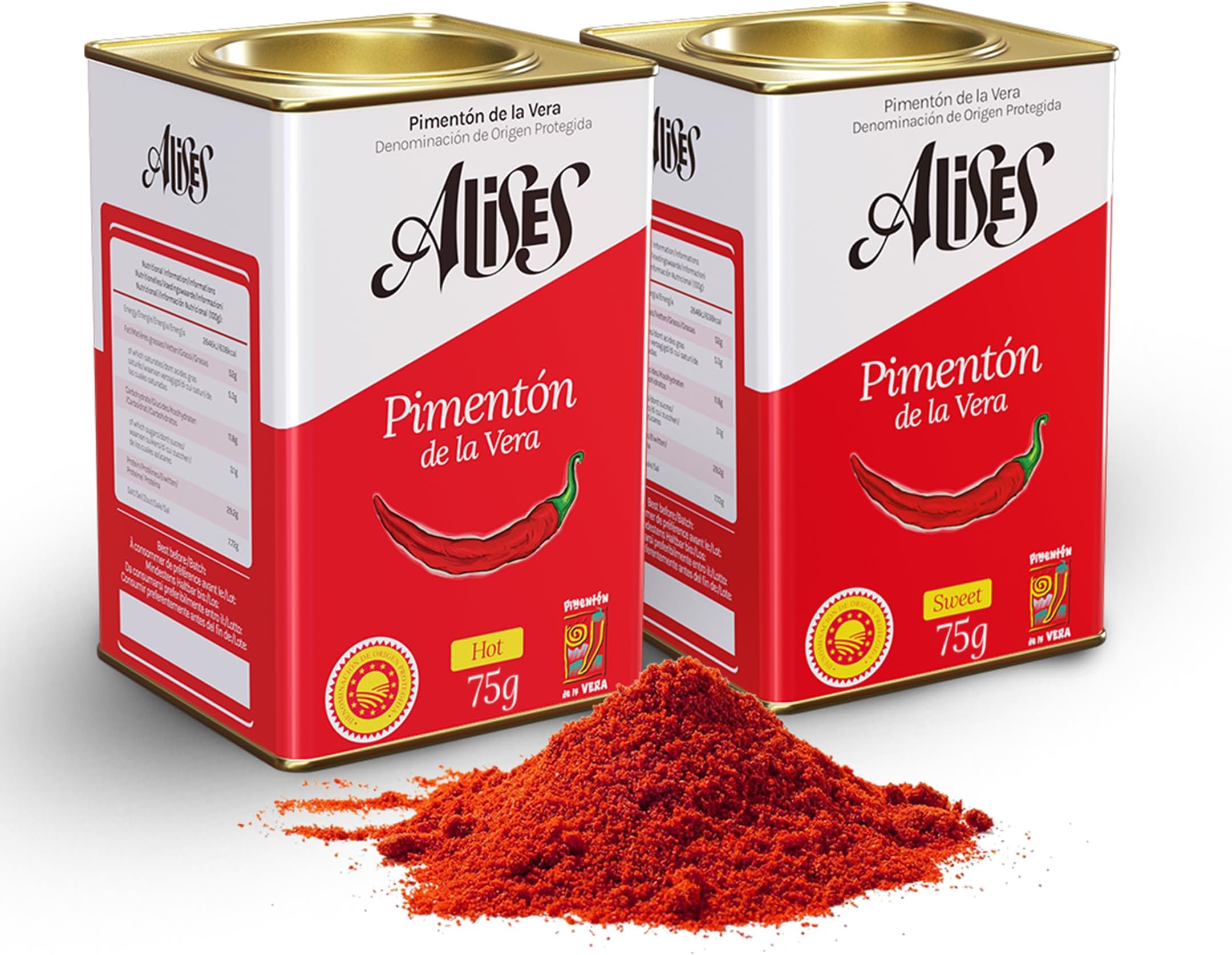 Alises Smoked Paprika Duo 75g x2 – Sweet + Hot – 7% More in Each Tin (vs Standard 70g) - D.O.P. Pimentón de la Vera – Authentic Spanish Paprika