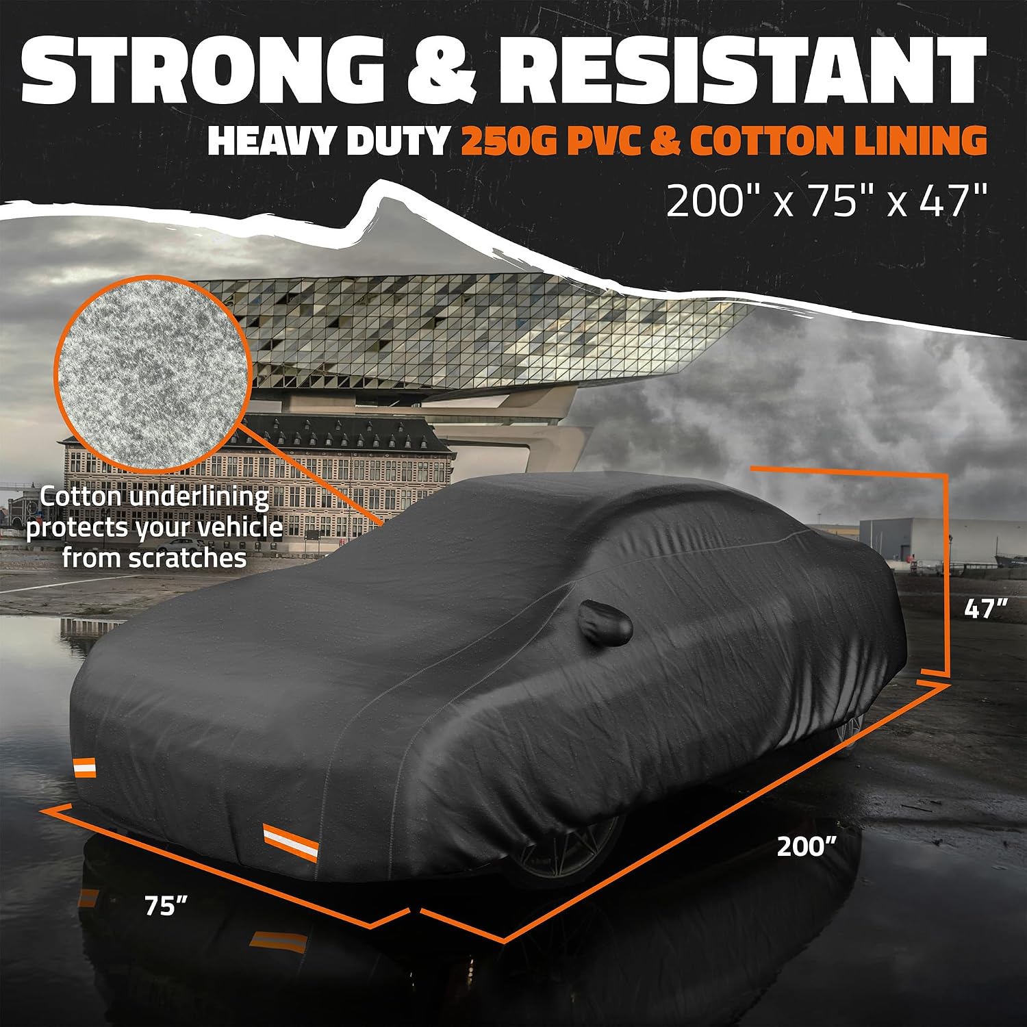 Mockins 200"x75"x47" Large Sedan Car Cover Waterproof All Weather Shield | Dual-Layer 250G PVC + HD Cotton Outdoor Weatherproof Car Covers for Automobiles | Full Exterior Covers for Rain, Snow, Frost