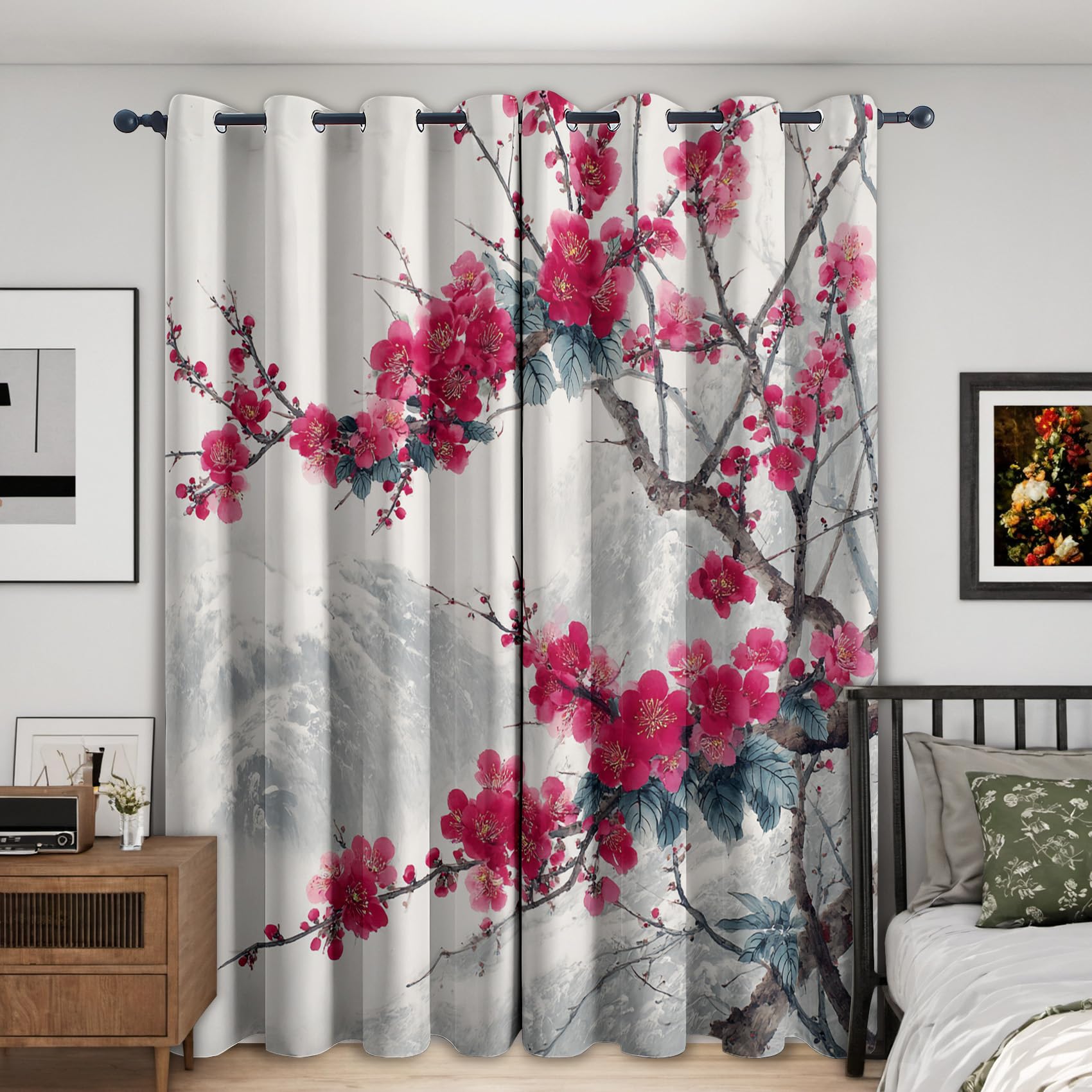 Rideau occultant thermique isolant de salon 140x240 avec oeillets et motif fleur de prunier