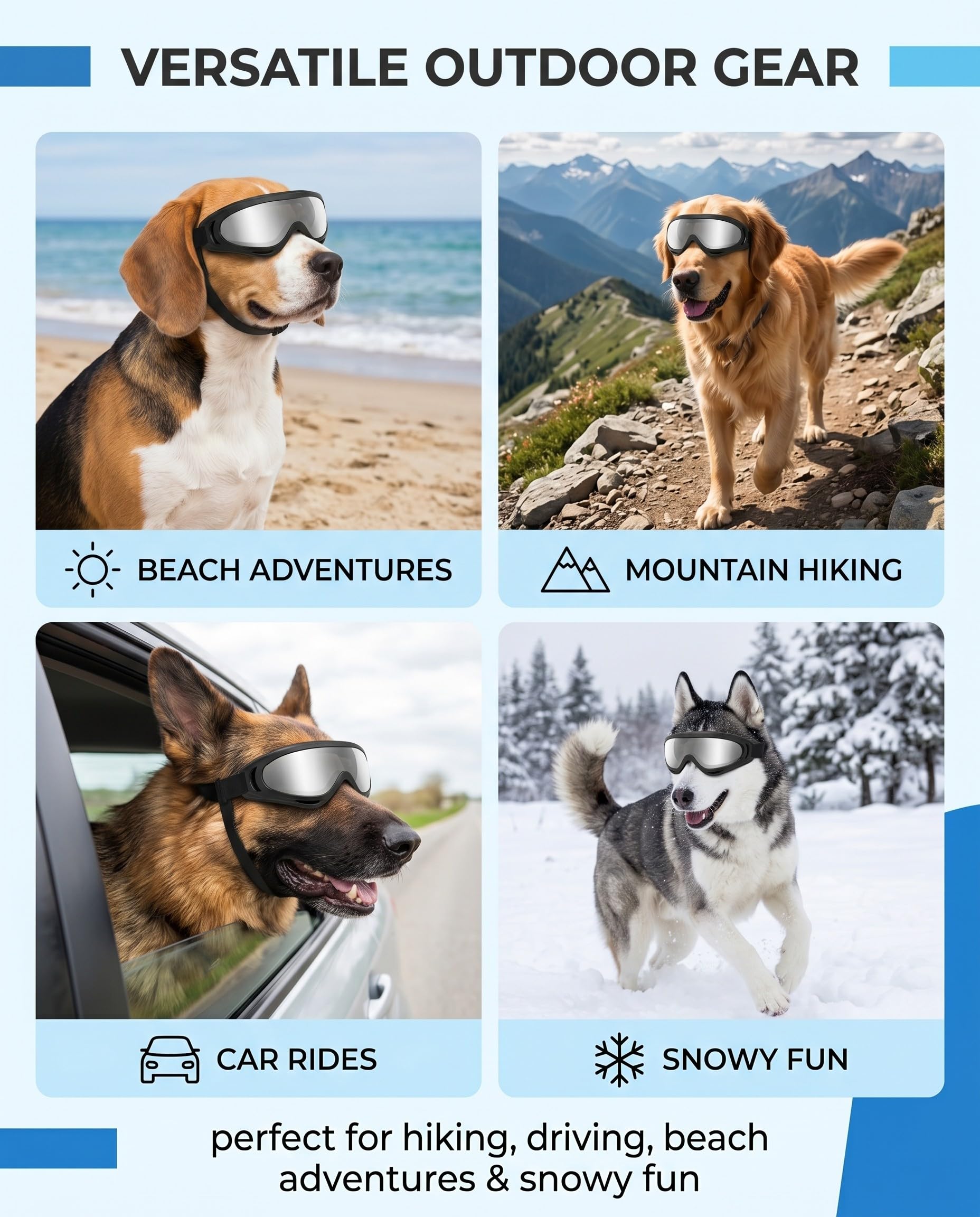 Occhiali per Cani Protezione UV, Occhiali da Sole per Cani Antivento per Cani di Taglia Media e Grande con Cinghie Regolabili, Maschera con Lenti Argentate per Guida Attività all'Aperto