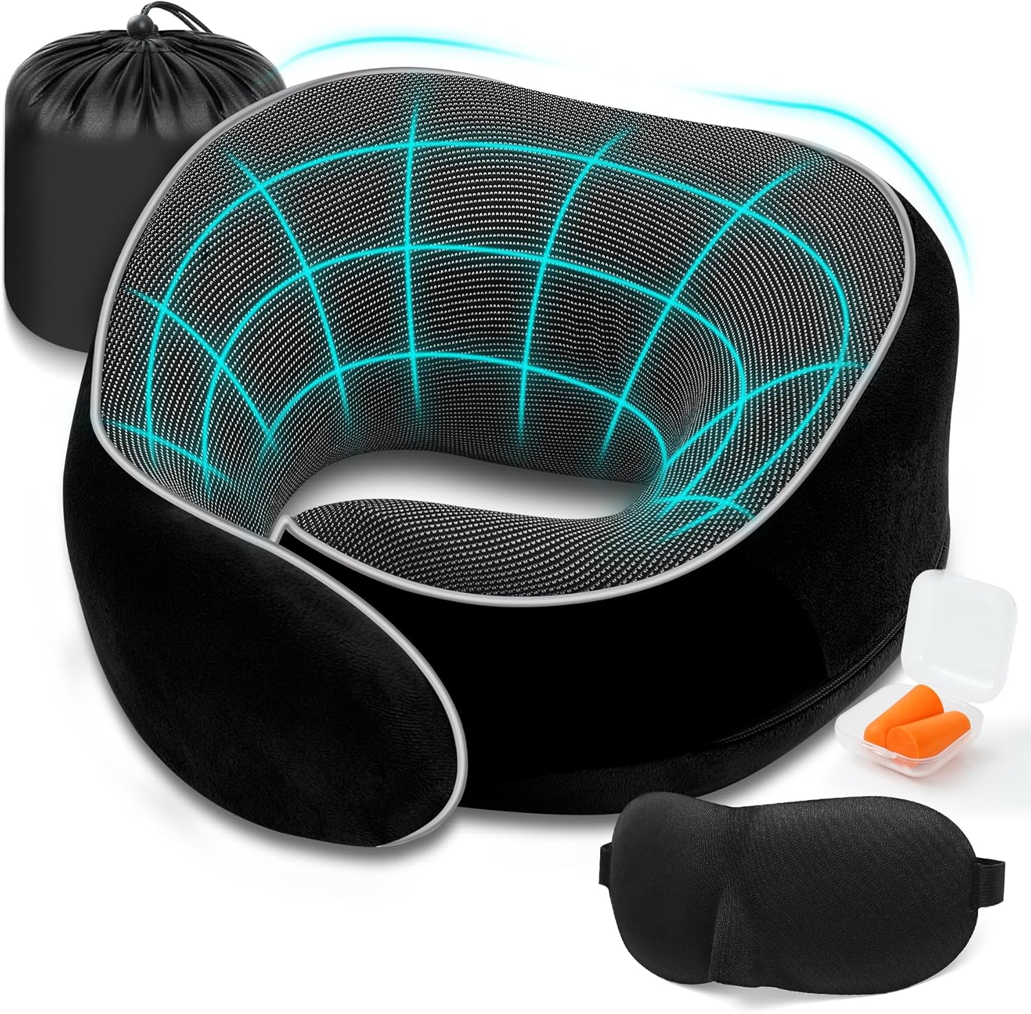 Ergonomic Memory Foam Travel Pillow – Neck Support Pillow with Side Support and Sleep Kit – Adjustable and Compact Travel Pillow – Ideal for Long Flights and Telework (Black)