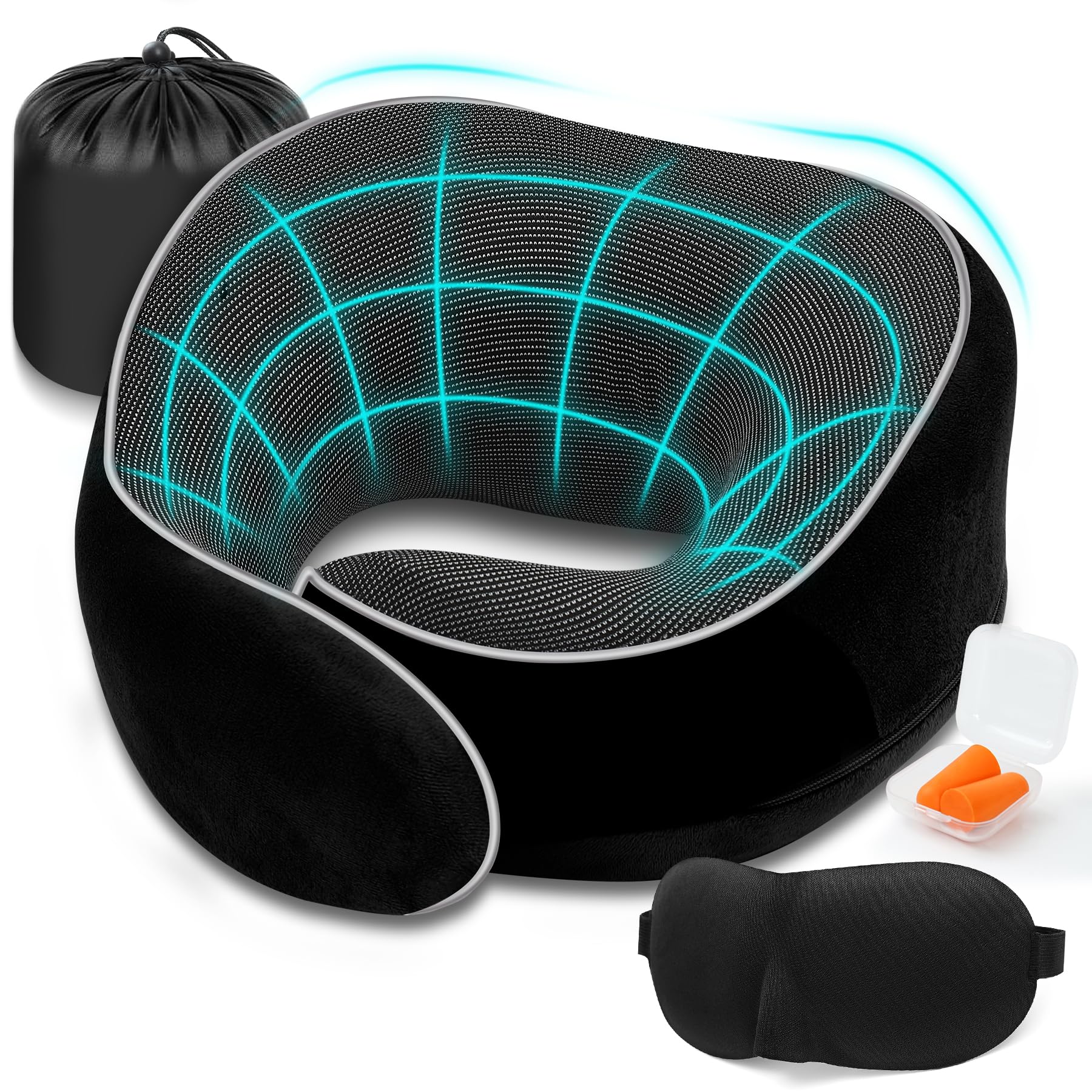Cuscino da Viaggio - Cuscino Aereo Memory Foam Regolabile e Compatto - Cuscino Collo Viaggio per Dormire in Auto, Treno, Aereo - Include Maschera per Dormire, Tappi auricolari, Borsa (Nero)