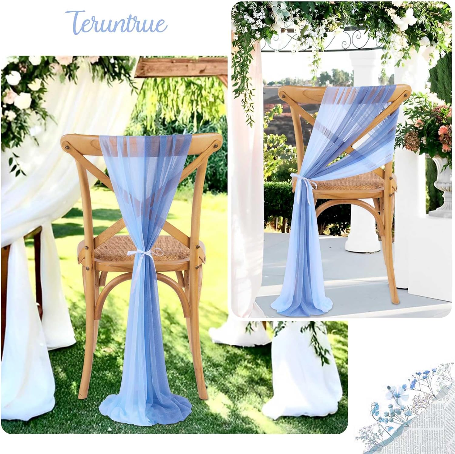 PakiInno Blue Chair Sashes Tulle Chair Cover: 50 PCS 8ft Long Sheer Chair Bows Sashes - for Wedding Ceremony Aisle Chair Drape Decorations