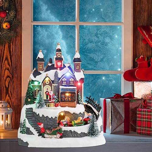 Miniatura 7 de Vigdur Casas de pueblo de Navidad  Aldea de Navidad animada con luces coloridas y 8 música navideña, tren giratorio, adaptador y pilas, edificios