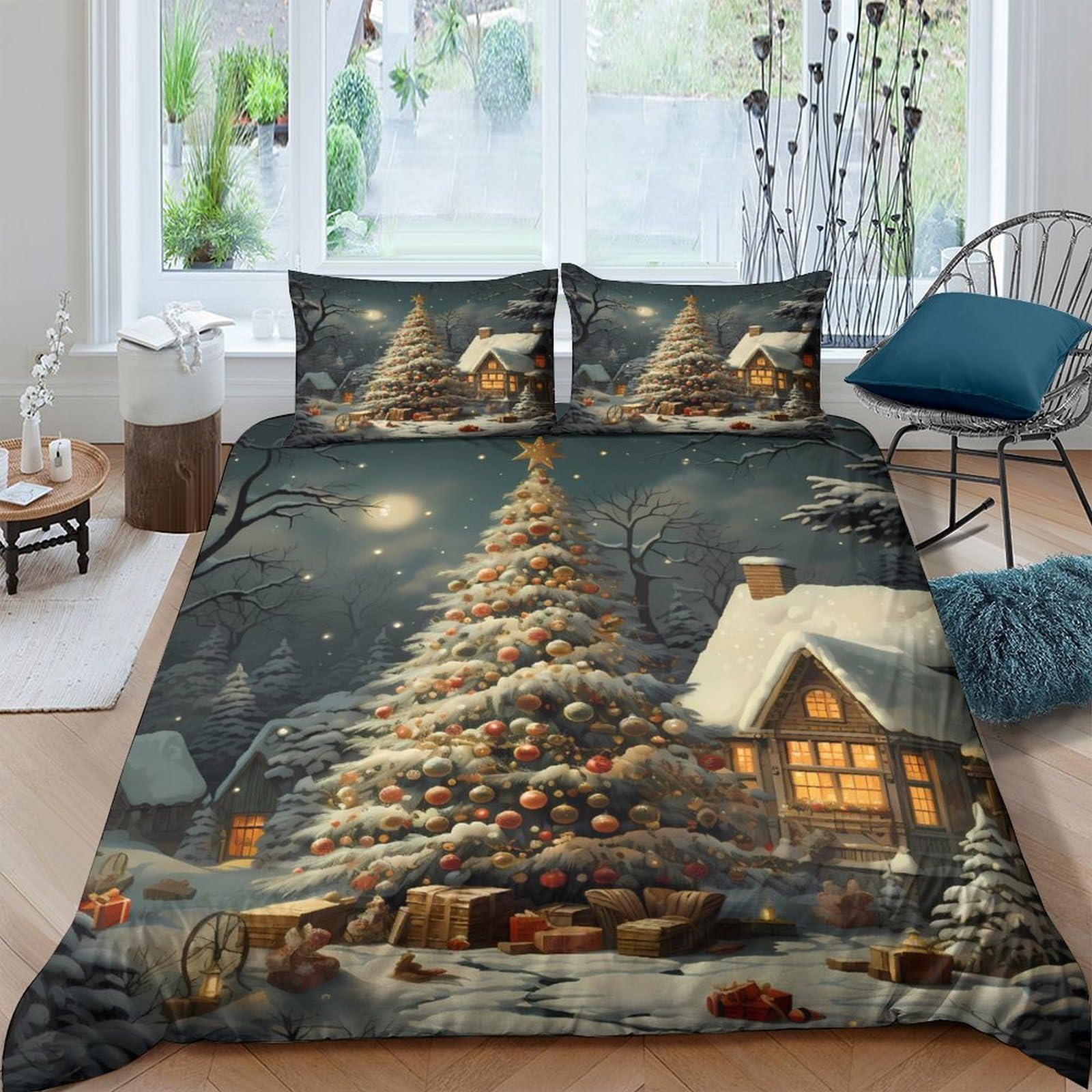 Ctjqhvkz Style-5 3D Printed Snowy Christmas Tree Fitted Sheet Microfiber Warm Winter Cabin Bed Cover For Bedroom Guest Room Decor Single（135X200cm）