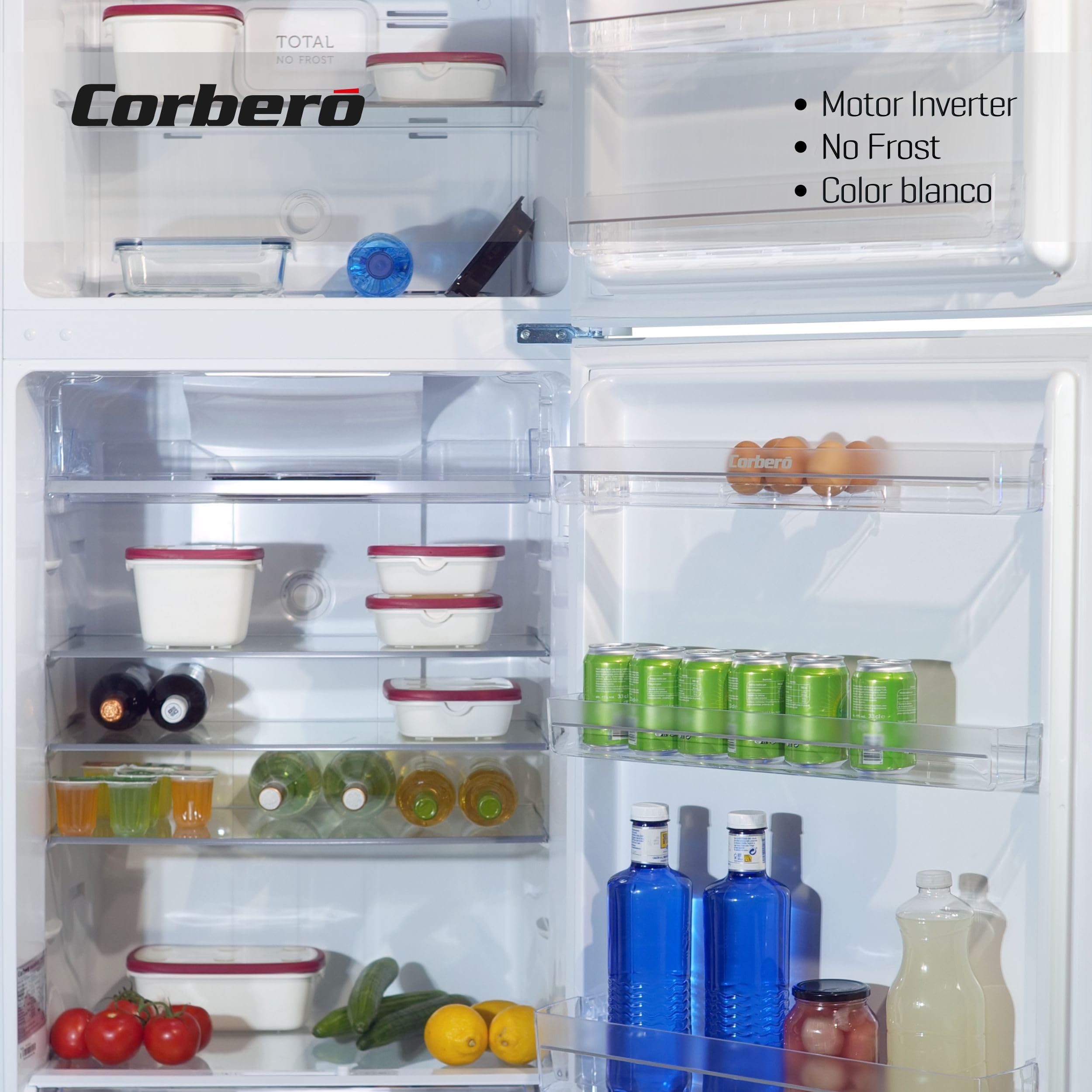 Corberó - Frigorífico 2 Puertas | CF2PH178024NFW | No Frost | 415L | 178cm | Luz LED | Cajón Crisper | Fresh Box | Estanterías de cristal ajustables | Blanco