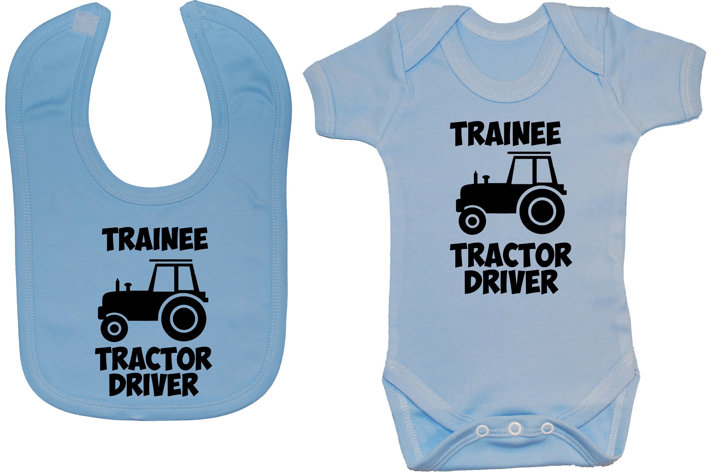 Acce Products Blue Trainee Tractor Driver Baby Bodysuit/Romper & Feeding Bib - 3-6 Months