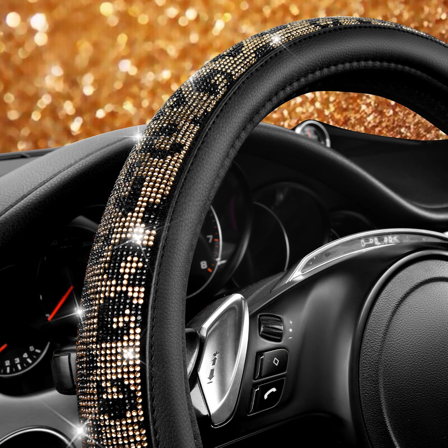 CAR PASS Bling Diamond Steering Wheel Cover Leopard Pattern, Sparkly Crystal Glitter Rhinestones Black Leather Wheel Protect for Women Girl Fit Suvs,Vans,Sedans,Cars,Trucks, 14" 1/2-15" Gold Leopard - Image 4