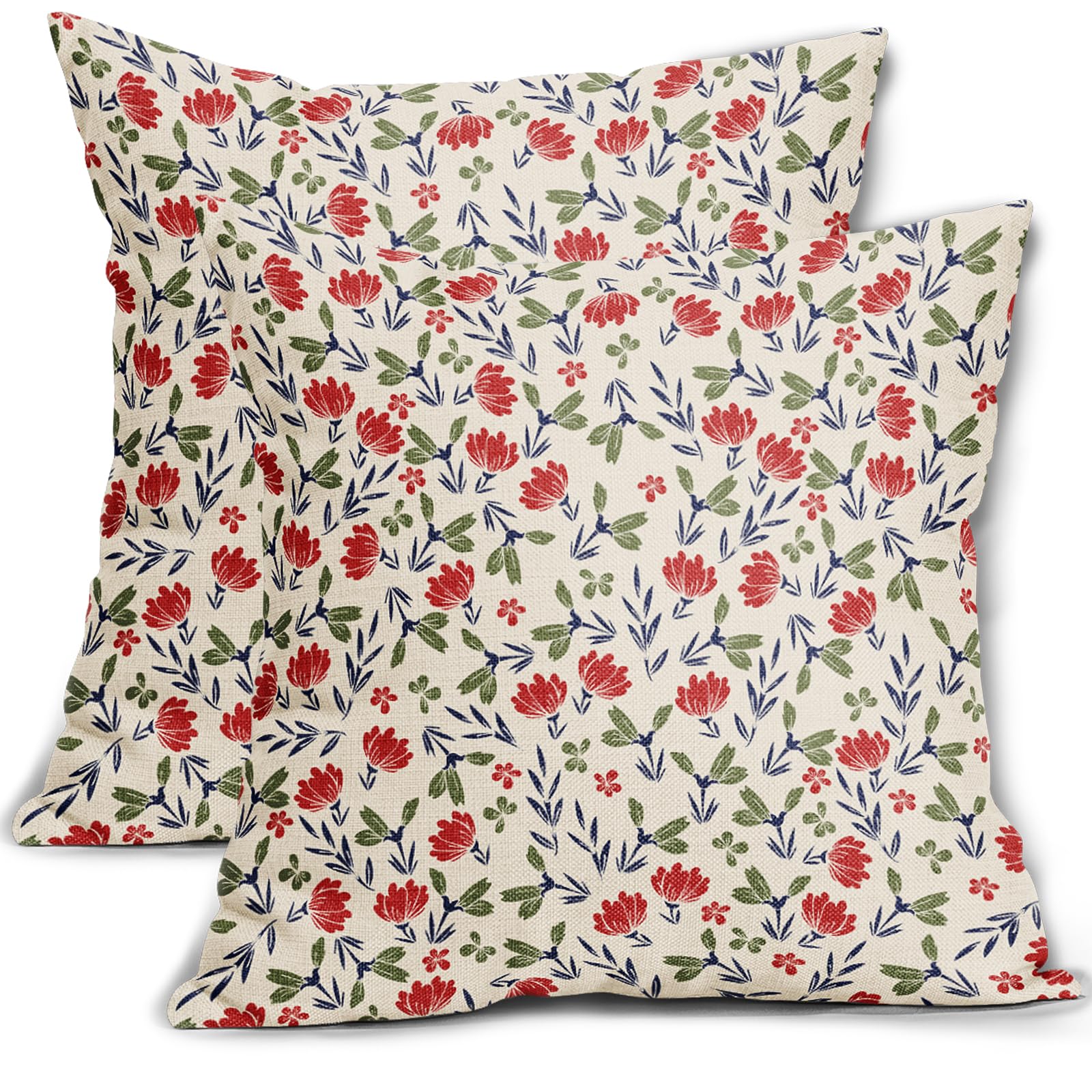 Aytipun 4th of July Floral Pillow Covers 16x16 Set of 2 Vintage Rustic Old Style Navy Blue Red Green Flower Print Decorative Outdoor Pillowcases Patriotic Throw Cushion Case Decor for Couch Sofa Bed