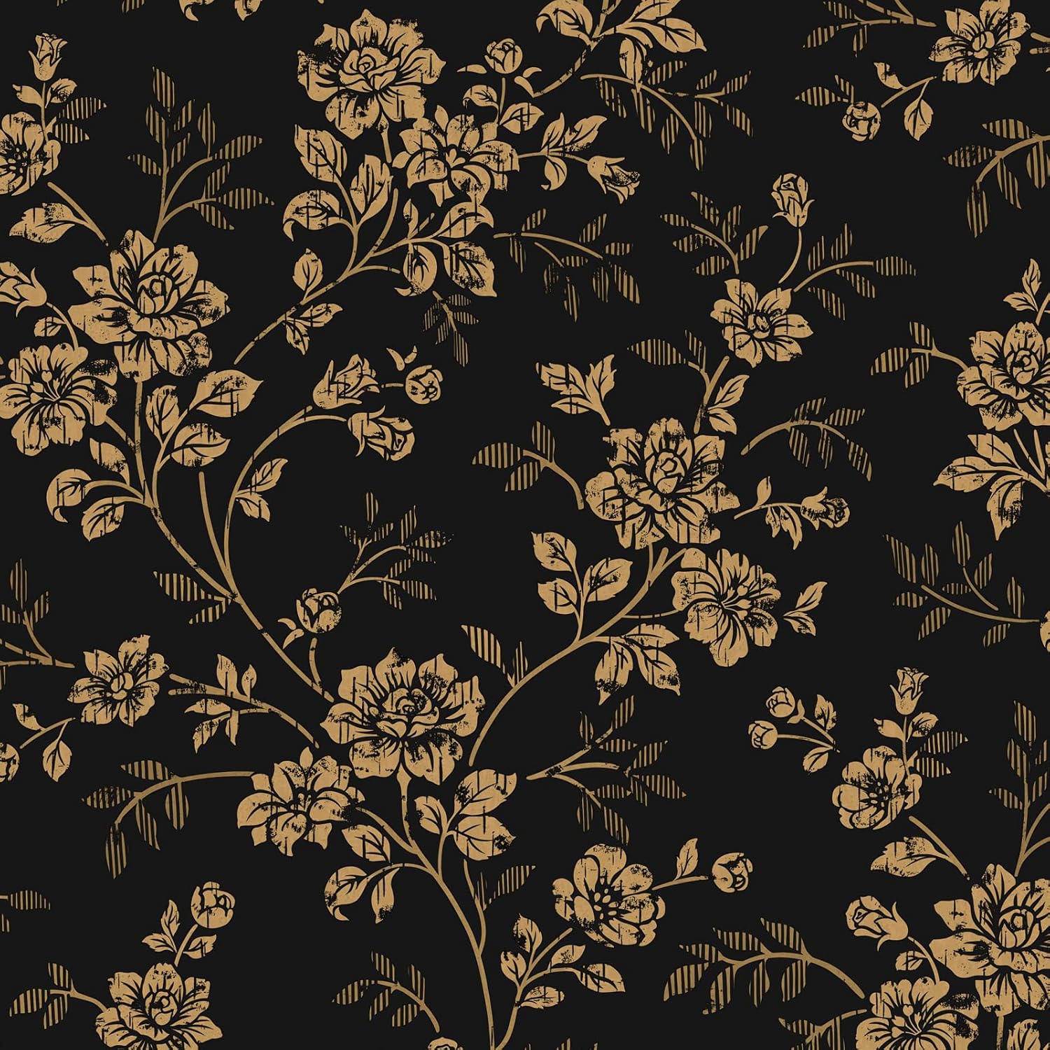 Cohoo Home Black Gold Peel and Stick Wallpaper Floral Flower Gold Contact Paper for Cabinets Mural Moody Vintage Self-Adhesive Removable Wallpaper for Bedroom Bathroom Waterproof Dark 17.3inW 197inL