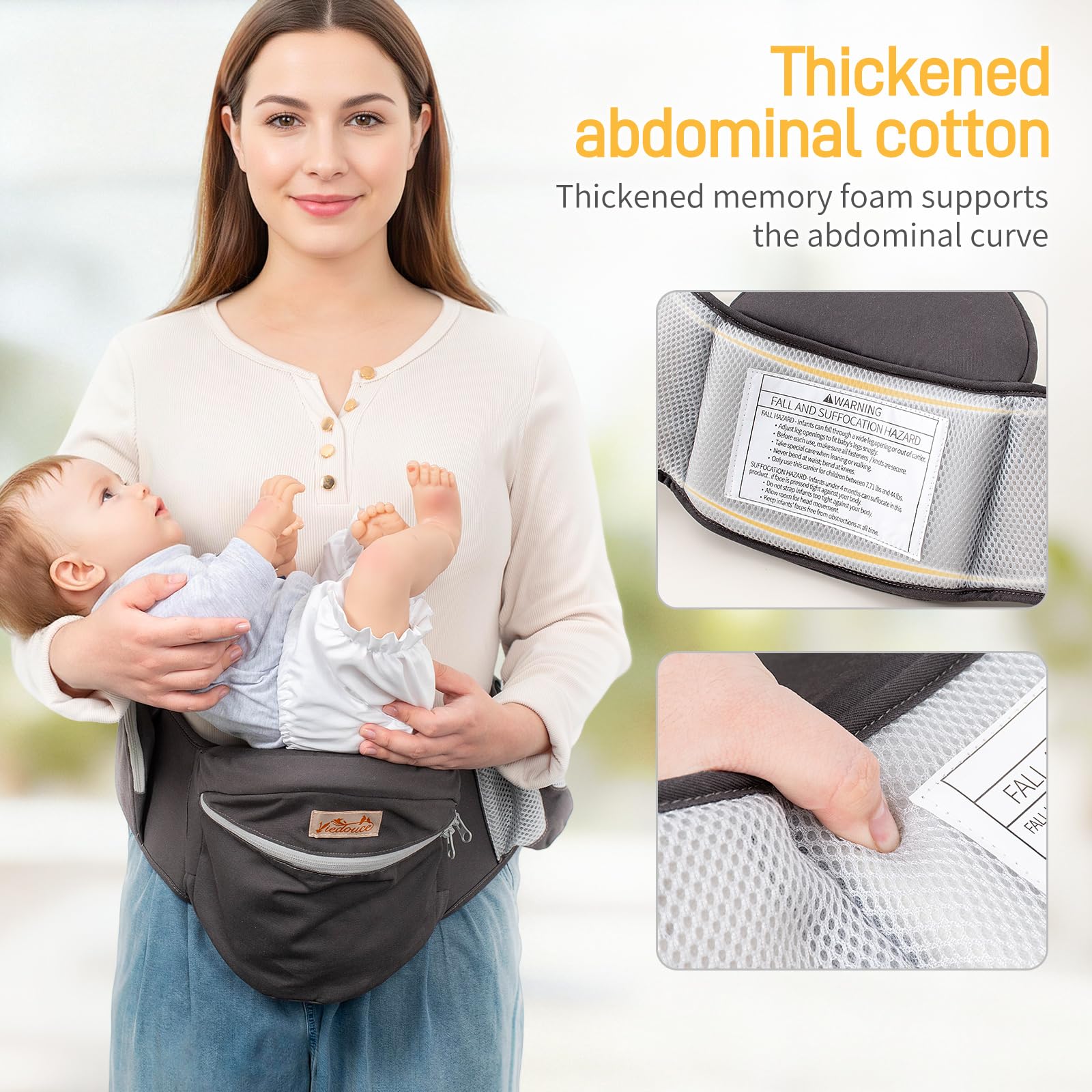 Viedouce Baby Hüftsitz Ergonomische mit Sicherheitsgurt Schutz,Reine Baumwolle Leicht und atmungsaktiv,Ergonomischer Leichte Taille Hocker Baby Hüftsitz für 4-36 Monate (Dunkelgrau)