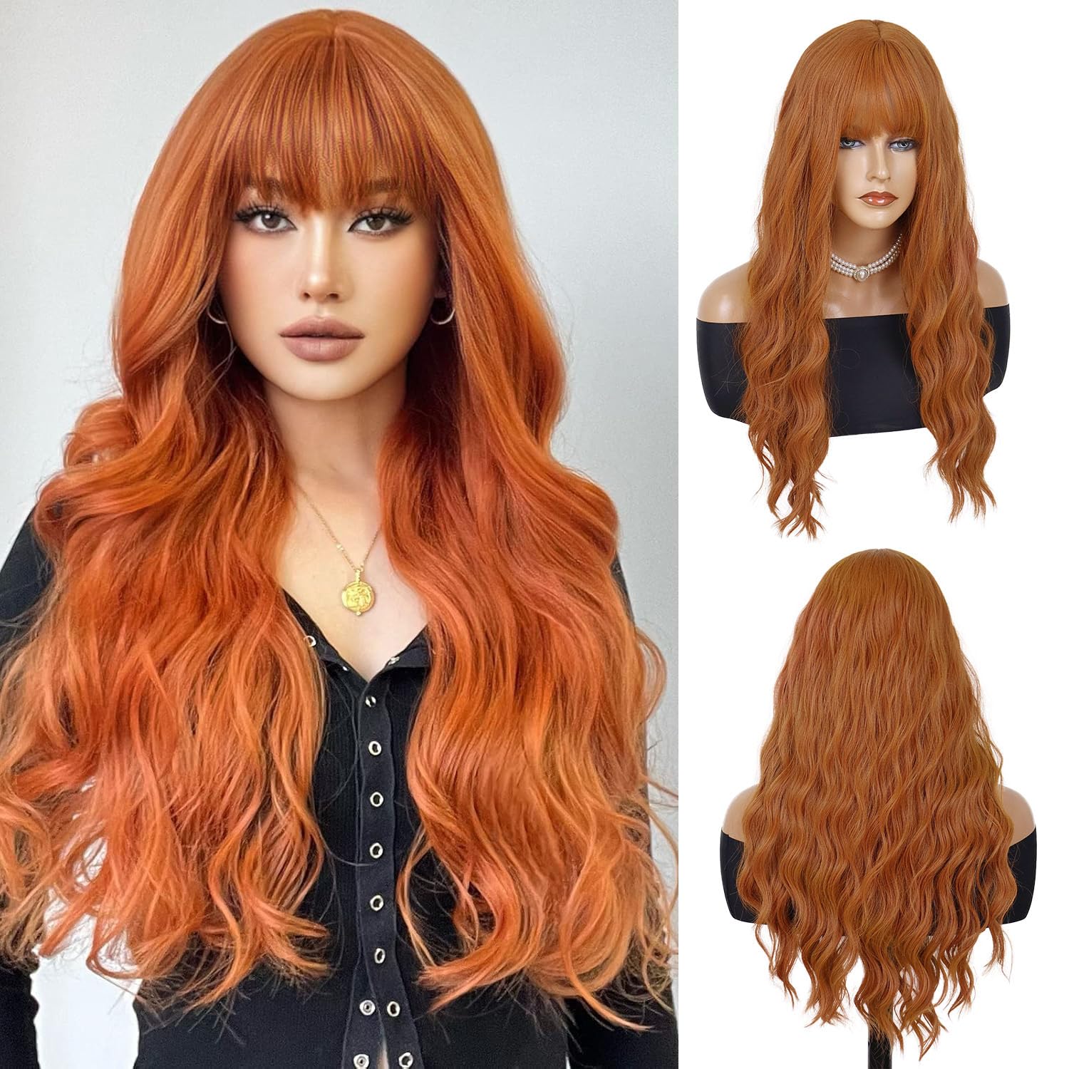 GNIMEGIL 28 inches Long Curly Ginger Wig with Bangs Radiant Auburn Wavy Wigs for Women: Ignite Your Style GNIMEGIL 28 inches Long Curly Ginger Wig with Bangs Radiant Auburn Wavy Wigs for Women: Ignite Your Style