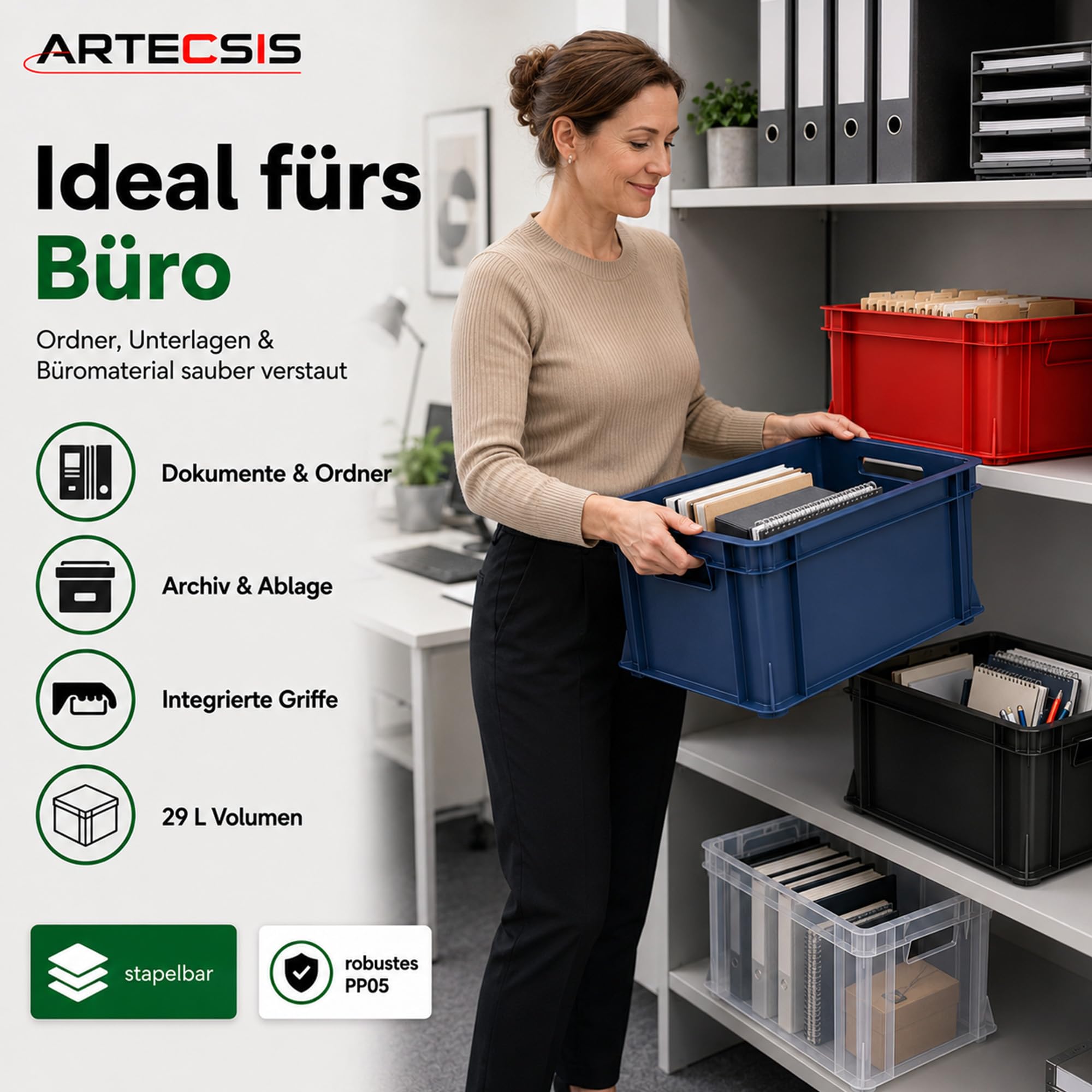 ARTECSIS® 3 x Kunststoffkiste 29L (stapelbar) rot - Transport & Lagerbox (41x34x24cm) - Aufbewahrungsbox & Lagerkiste aus stabilem Kunststoff - Ordnungsbox & Transportkiste Garten & Werkstatt