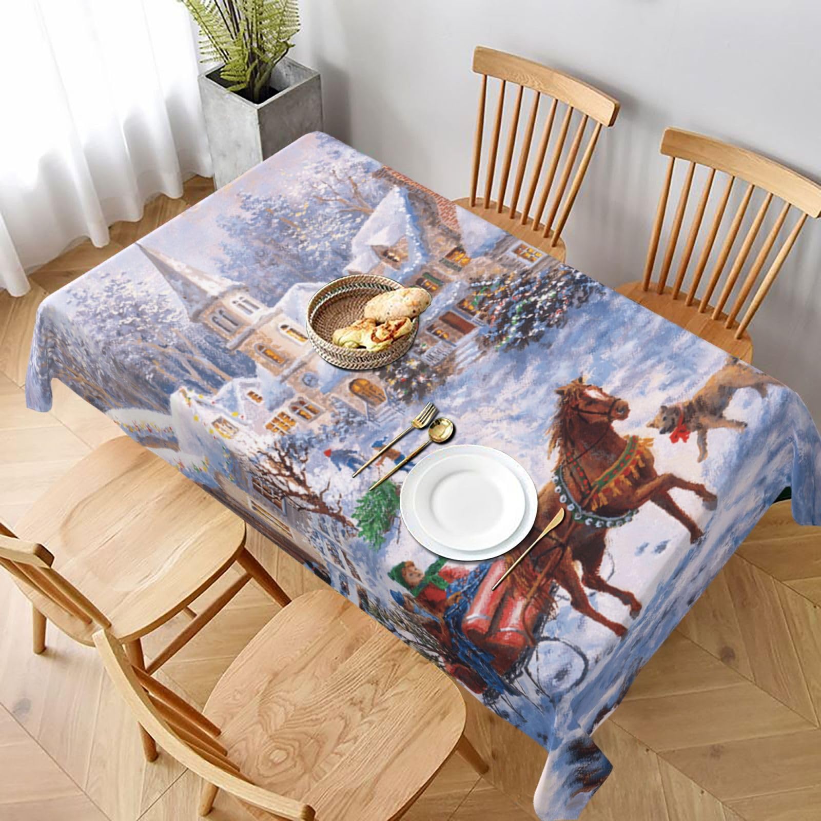 BNVSADC Merry Christmas 4 Printed Rectangle Tablecloth 228x152 CM, Water Resistant Polyester Table Cloth Decorative Fabric Table Covers for Kitchen Dining Table Parties Camping