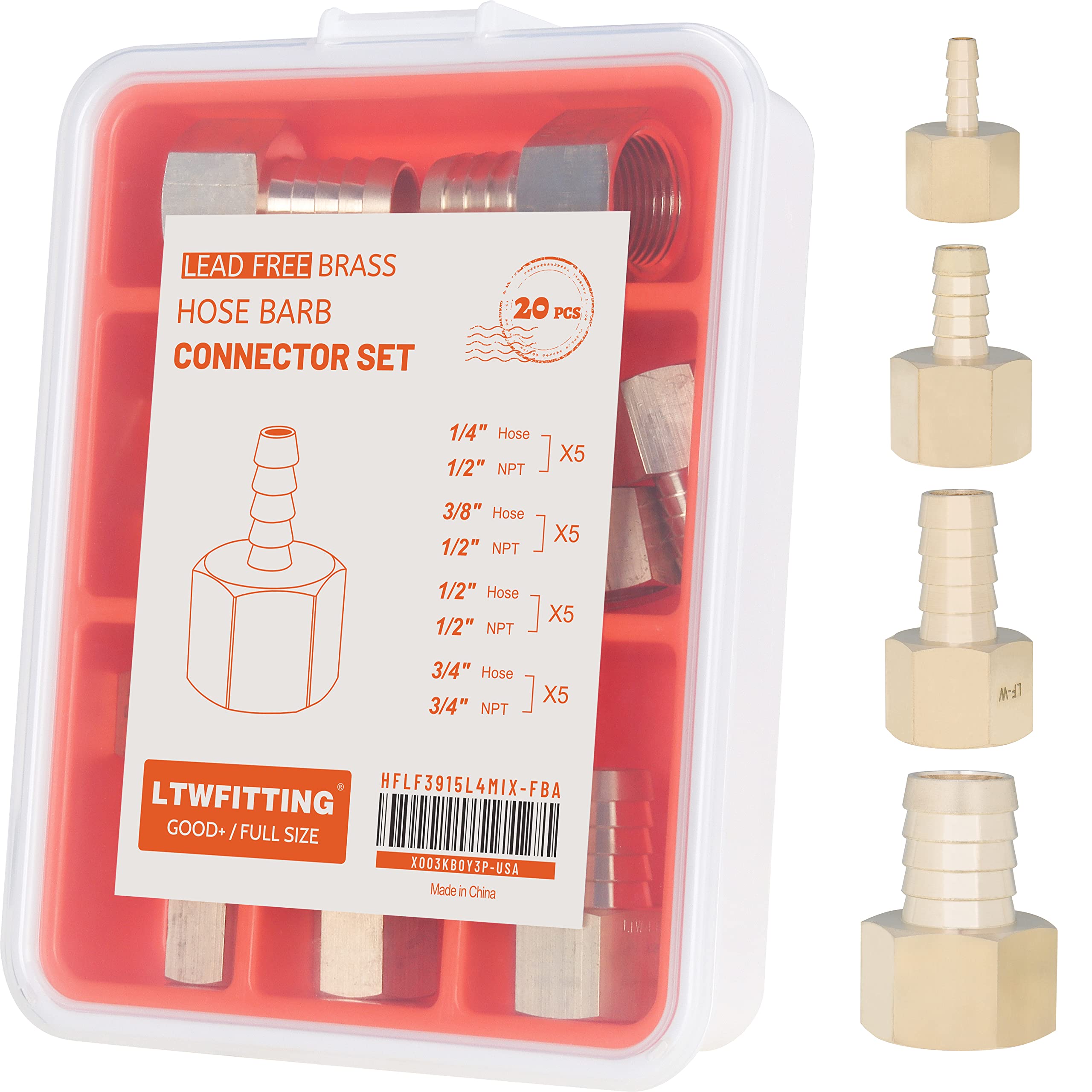 Raccord de tuyau laiton LTWFITTING femelle NPT 1/4" à 3/4" en assortiment de 20 pièces
