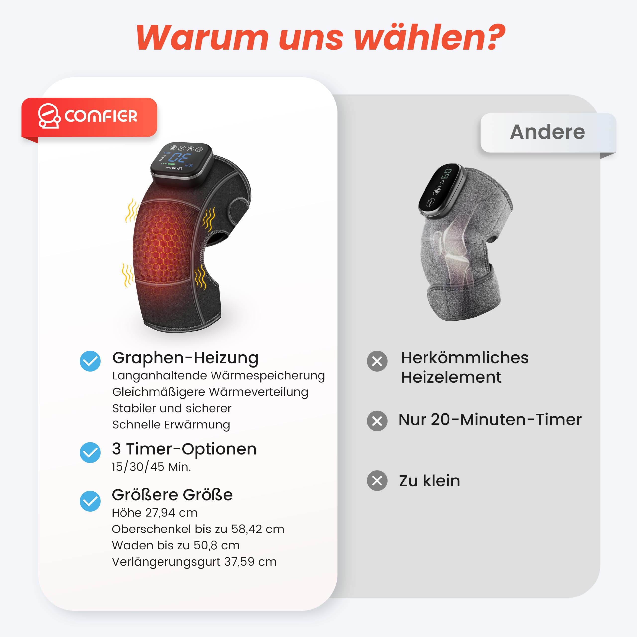 COMFIER kabelloses Knie Massagegerät mit Vibration | beheizte Knie Brace Wrap , 4 Graphene Heizung Ebenen, 5 Modi & 3 Intensitätsstufen, Geschenke für Mama Papa