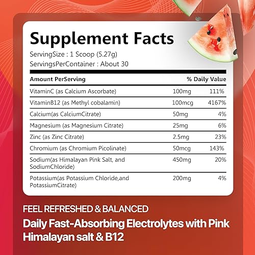 Miniatura 2 de Rosabella Polvo de bebida electrolítica  Sandía  Mezcla de bebida de hidratación sin azúcar  Electrolitos en polvo con sodio, potasio, magnesio,