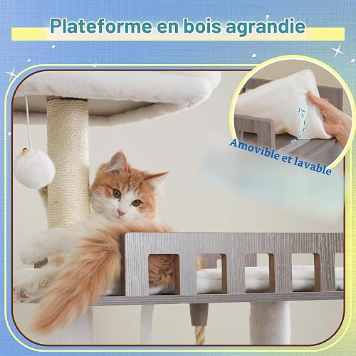 Hey-brother Árbol para Gatos de Madera Moderno, Rascador para Gatos 184 cm, Multinivel Estable con Plataformas Grandes, Hamaca, Cueva para Gatos, Máquina Peinadora y Escalera, Gris Retro MPJ121SG - 3