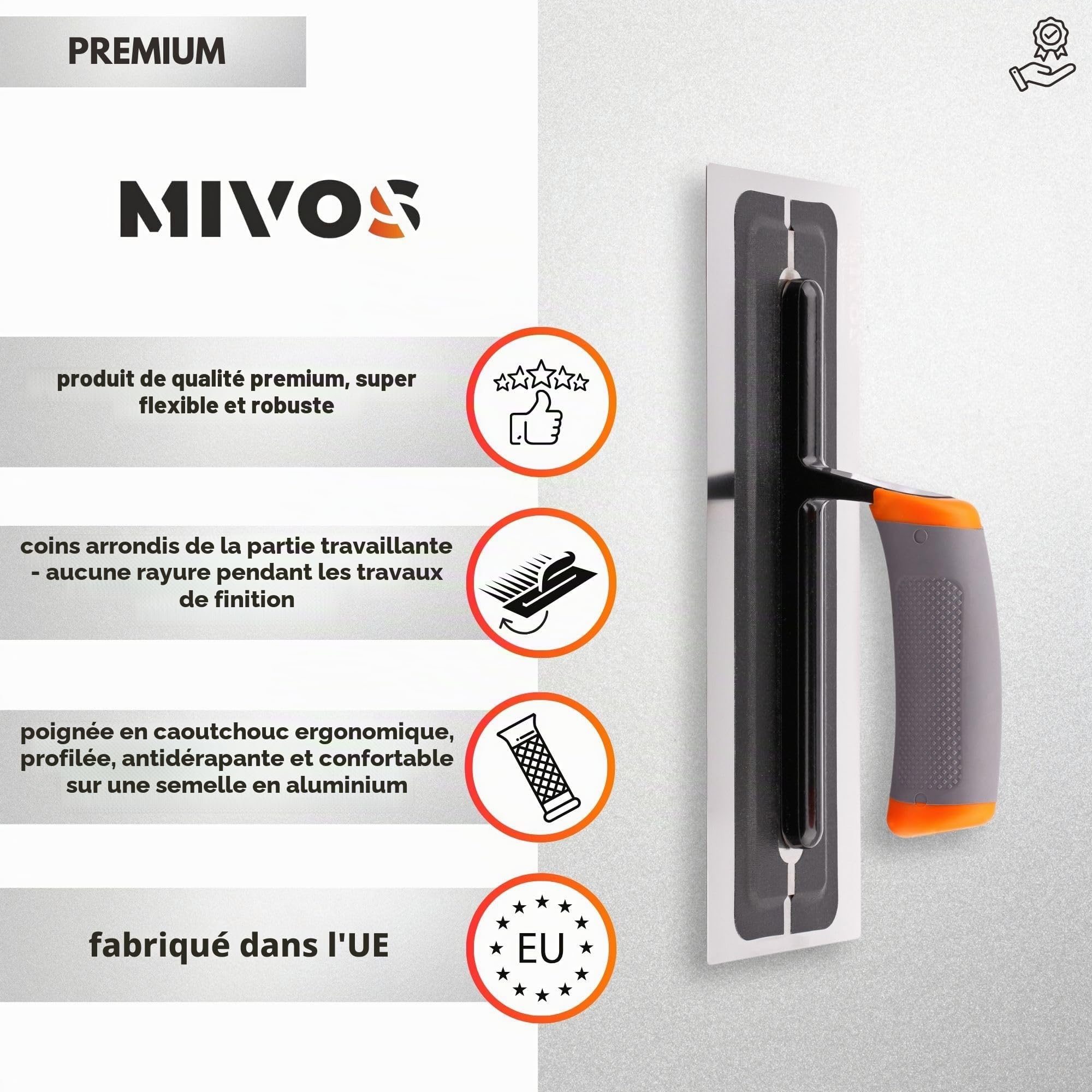 MIVOS Pelle à enduire Premium en acier inoxydable de haute qualité 280x110mm - Spatule pour enduit professionnel - Lisseuse - Outil de cloison sèche - Poignée ergonomique et antidérapante - FABRIQUÉ