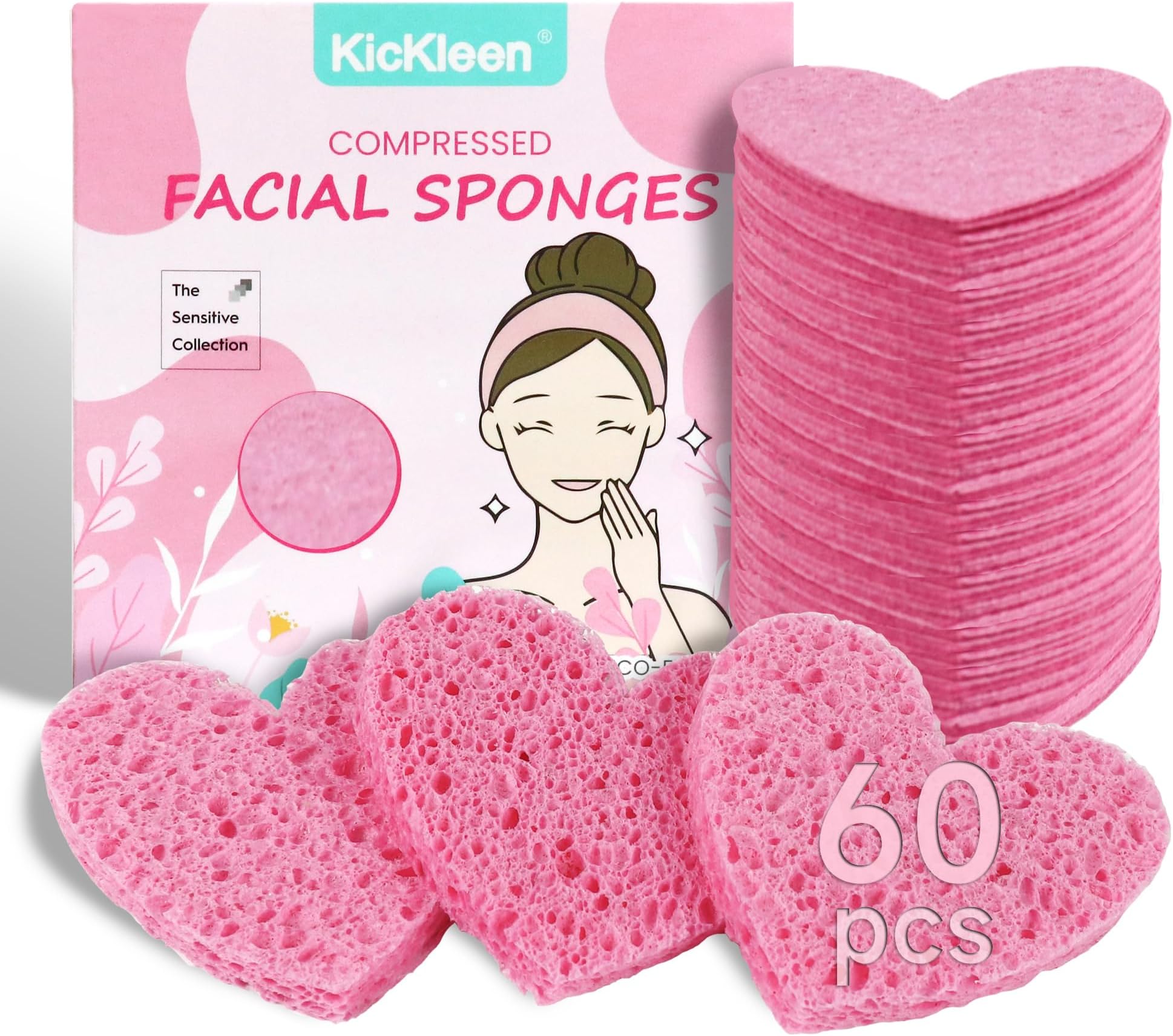 60-Count Kickleen Compressed Cellulose Heart Shape Facial Sponges | 100% Natural Cosmetic Spa Sponges for Facial Cleansing | Exfoliating | Makeup and Mask Removal | Reusable |Skin Massage (Pink)