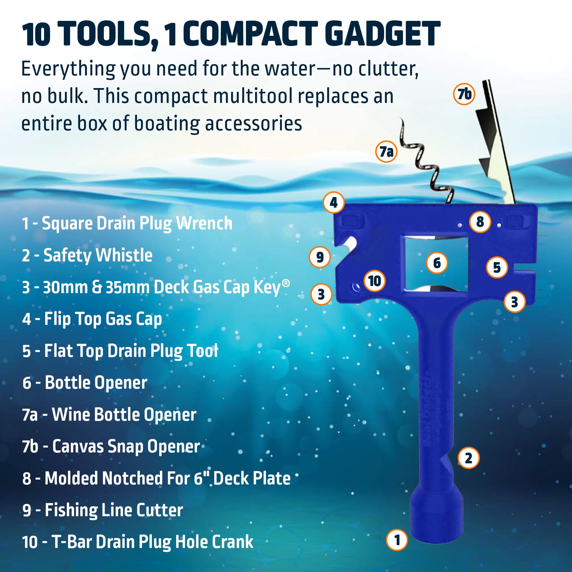 Boat Gadget To narzędzie do łodzi 10 w 1 zawiera otwieracz do butelek piwa i wina, gwizdek bezpieczeństwa, przecinak do żyłki wędkarskiej, klucz do korka gazu morskiego i inne niezbędne narzędzia dla