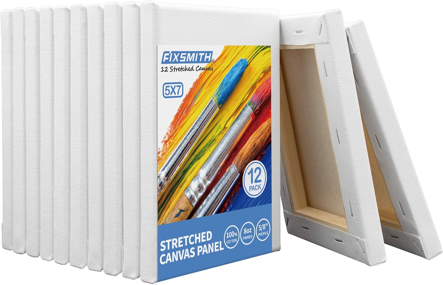 FIXSMITH Stretched White Blank Canvas- 5x7 Inch,Bulk Pack of 12,Primed,100% Cotton,5/8 Inch Profile of Super Value Pack for Acrylics,Oils & Other Painting Media. - Image 7