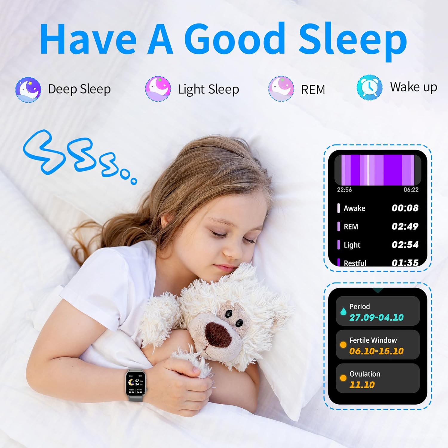 EZON S7 Smart Watch displaying sleep tracking data, including awake, REM, light, and restful sleep durations. A child is shown sleeping with the watch on.