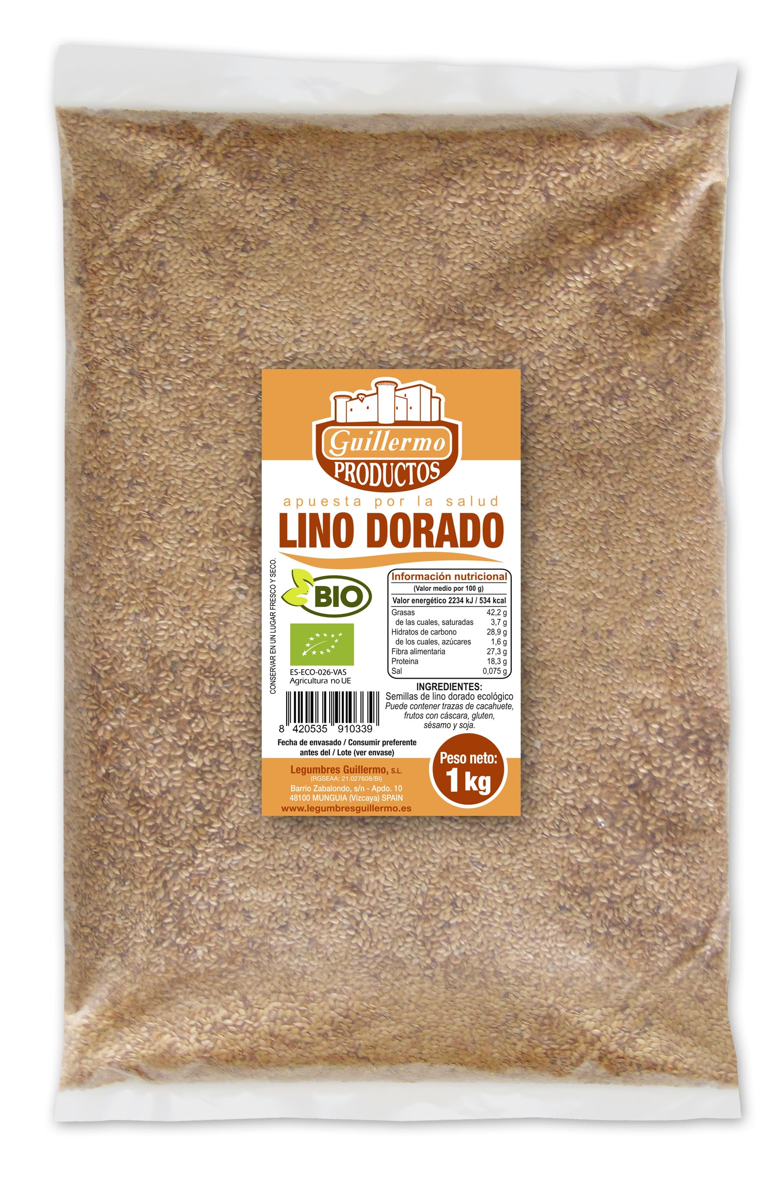 Guillermo | Semillas de lino dorado BIO - 1 Kg. | 100% ecológicas | Ácidos grasos Omega-3 y fibra | Reducción del colesterol