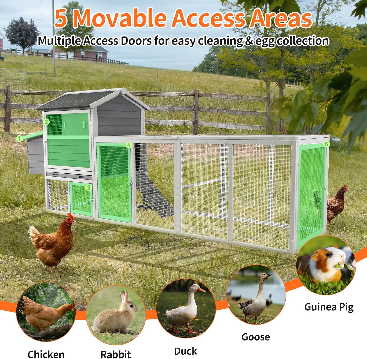 Polibi Multi-Use Outdoor Pet House: Large Wooden Chicken Coop & Rabbit Hutch with Run, Nesting Box, Waterproof Anti-UV Roof & Openable Top for Easy Egg Access (Gray+White, 114.06'' L)