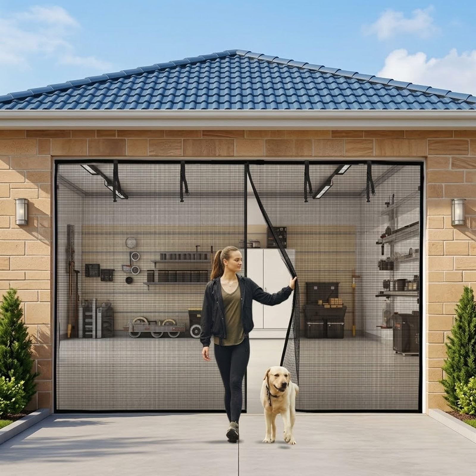 Voirda Black Garage Screen Doors, Magnetic Heavy Duty Fly Mesh Screen For 2 Car Garage, Retractable Anti Mosquito Net With Automatic Closure, 240X180cm-470X230cm Pet Safe Bug Screen For Patio(,240X220cm(Wxh))