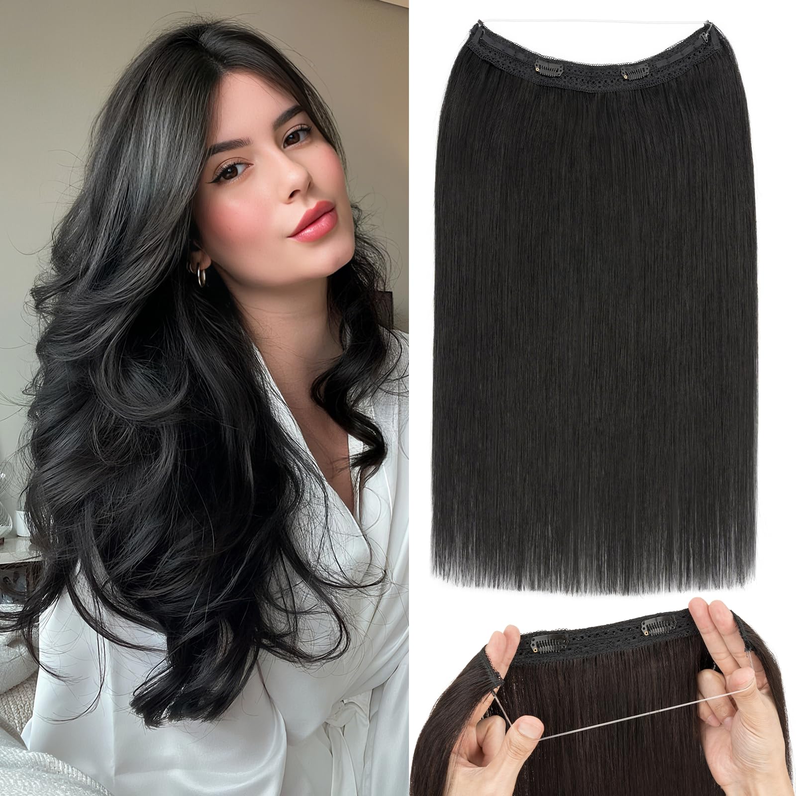 16 Inch Human Hair Halo Extensions with Invisible Wire Adjustable Fit Halo Hair Extensions 16 Natural Black | Real Human Hair  main image 4